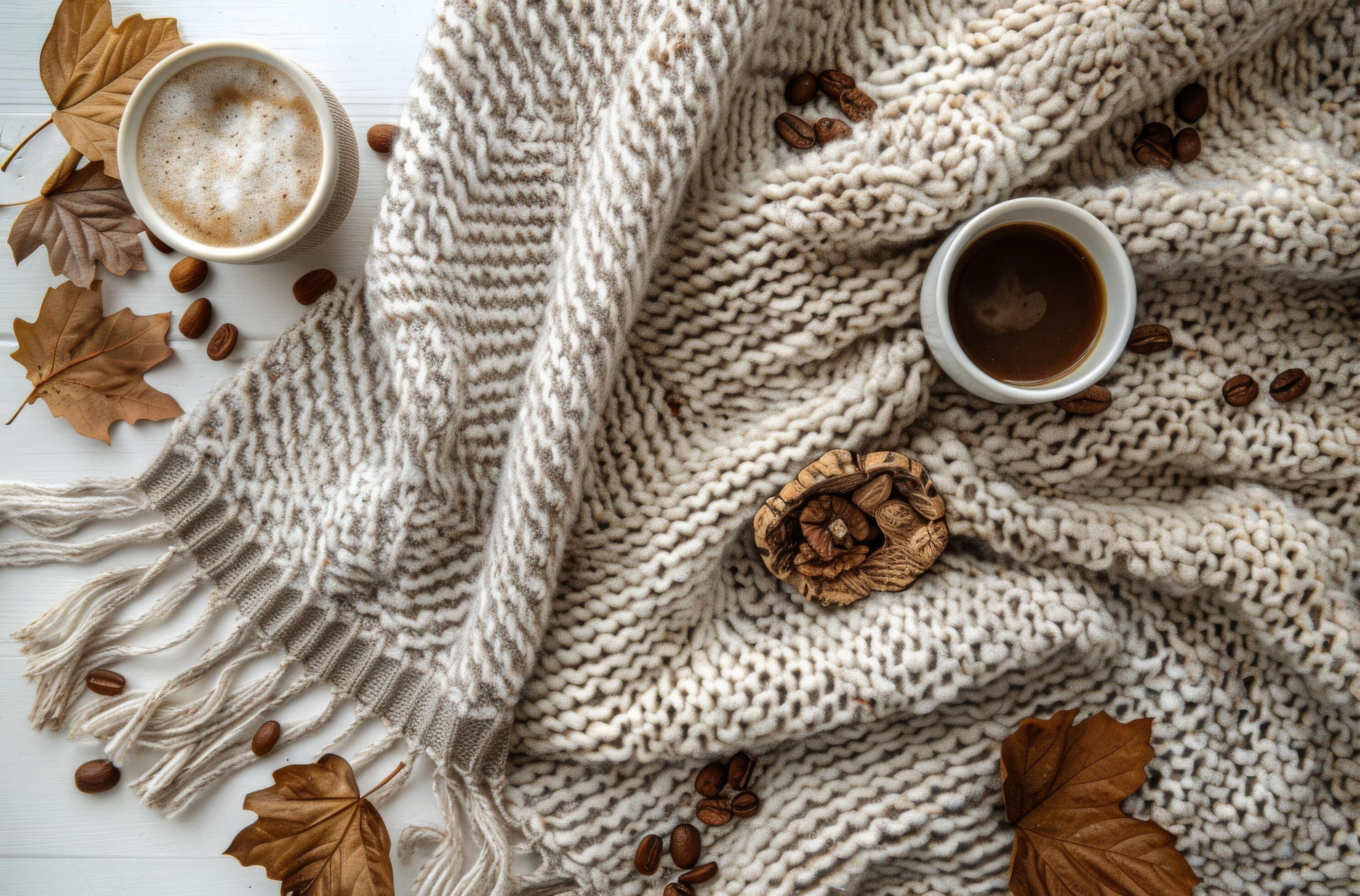 Cozy Fall Morning Coffee With Blanket, Coffee Beans, and Leaves Stock Free