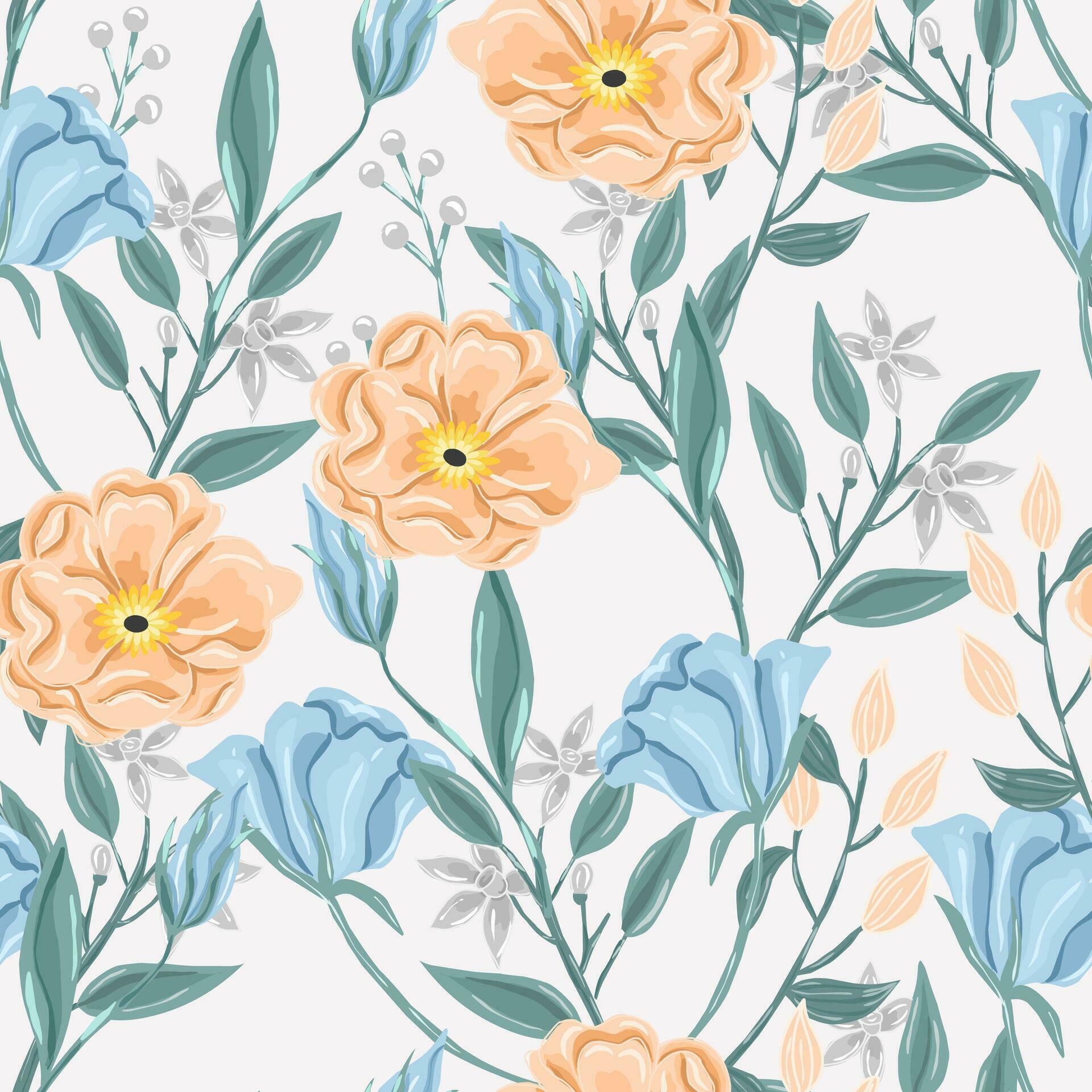 Hand Drawn Anemone and Jasmine Flower Seamless Pattern Stock Free