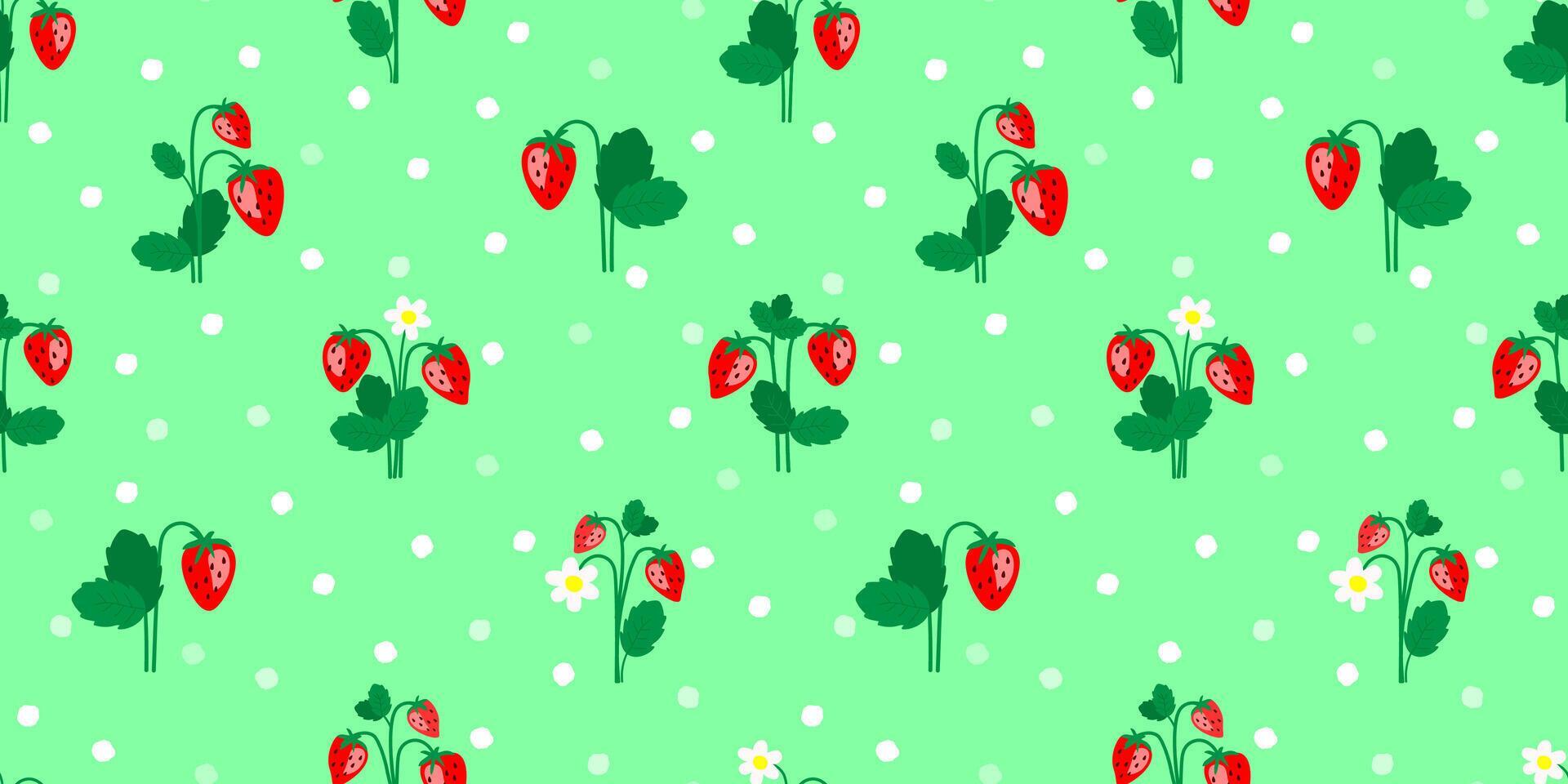 Seamless pattern with strawberries with leaves and flowers. Summer berries on a background of abstract dots. Vector graphics. Stock Free