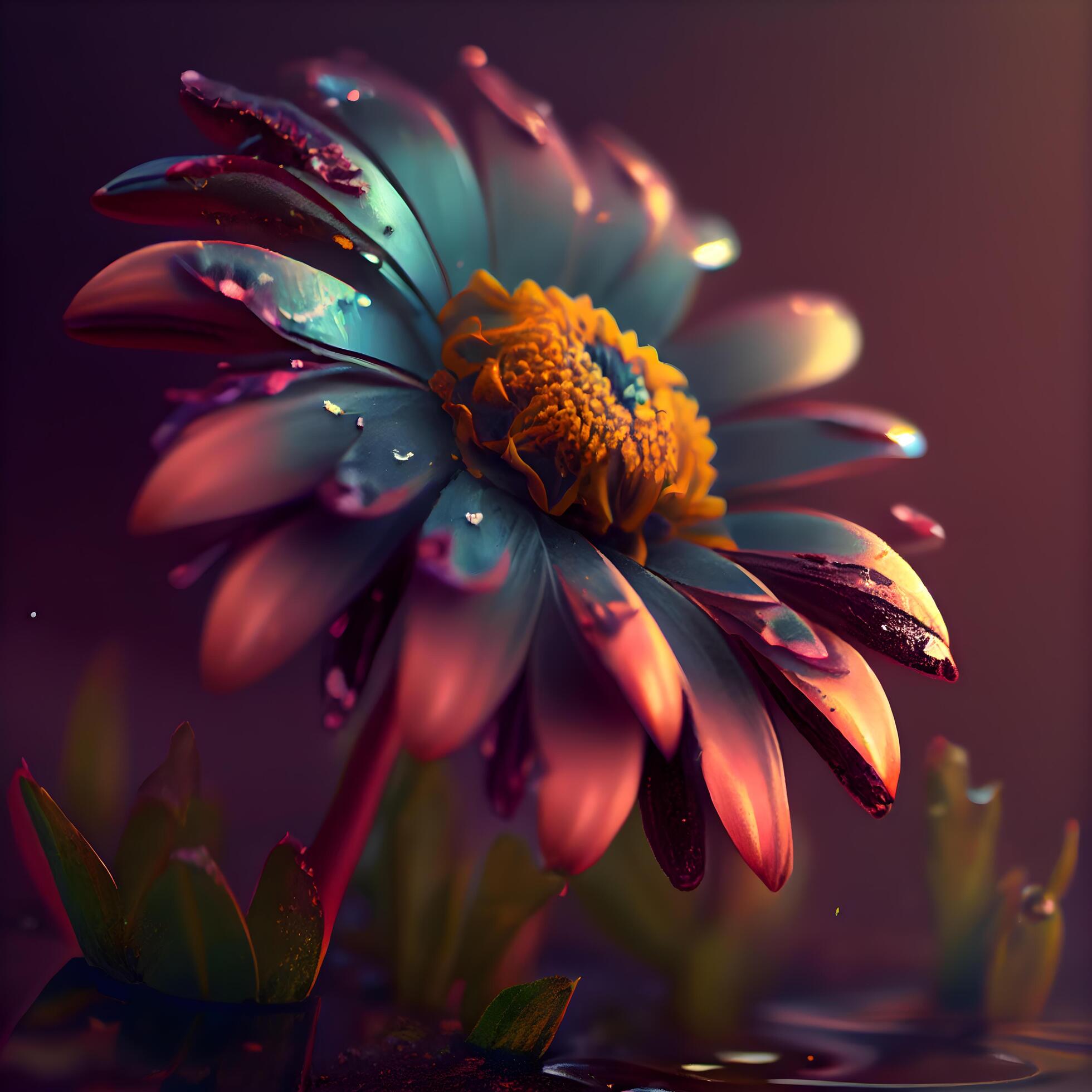 Beautiful colorful gerbera flower with dew drops on dark background, Image Stock Free