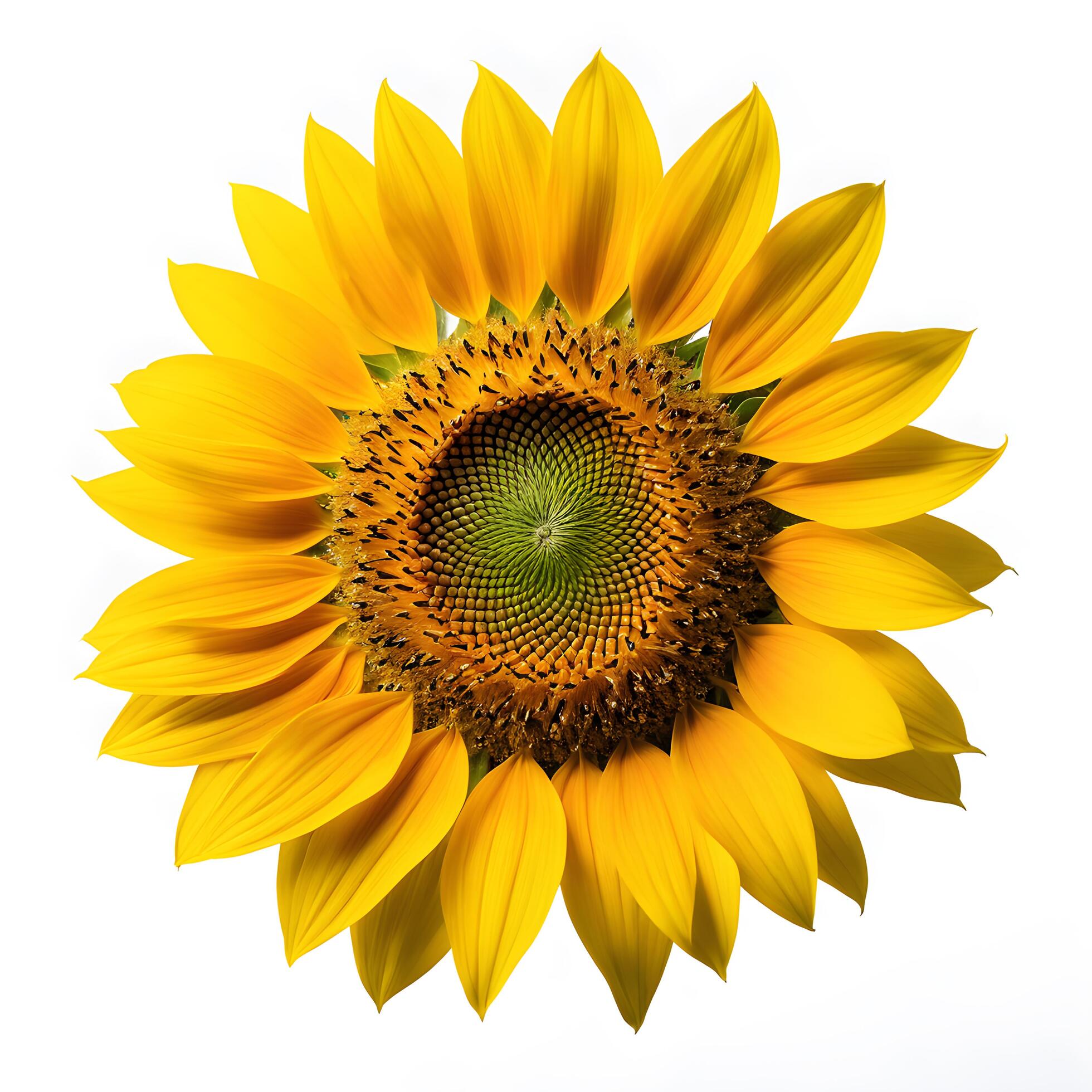 Close up of single sunflower isolated on white background. Seeds and oil. Flat lay flowers center composition, Clipping path Stock Free