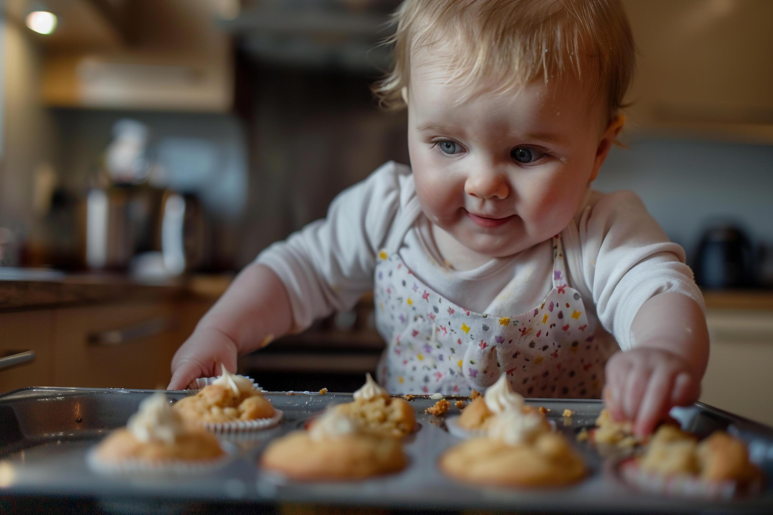 Baby Engaged in Cupcake Baking in a Kitchen for Enjoyable Family Moments Stock Free