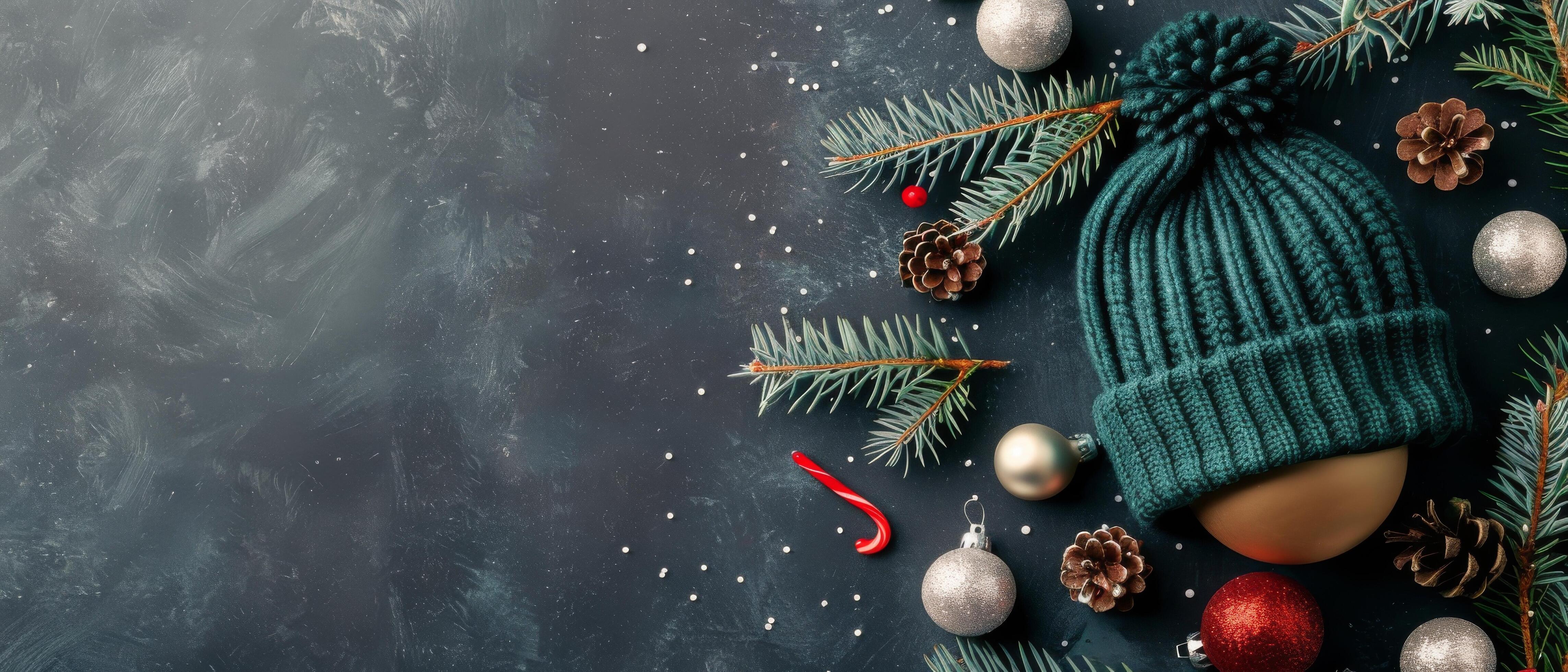 Cozy Winter Accessories With Pinecones and Holiday Ornaments on Dark Background Stock Free