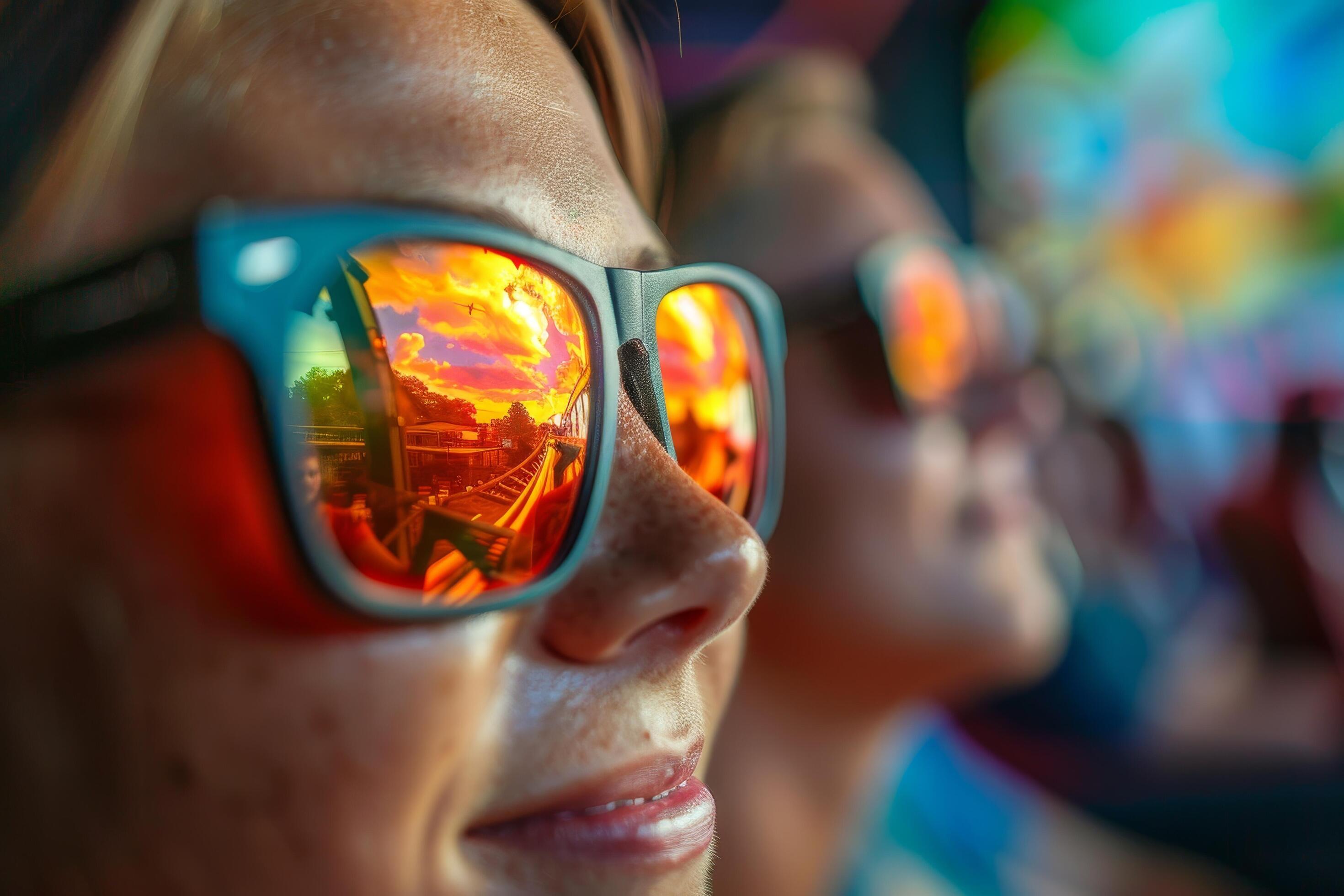 A woman wearing sunglasses with a red reflection on her face Stock Free