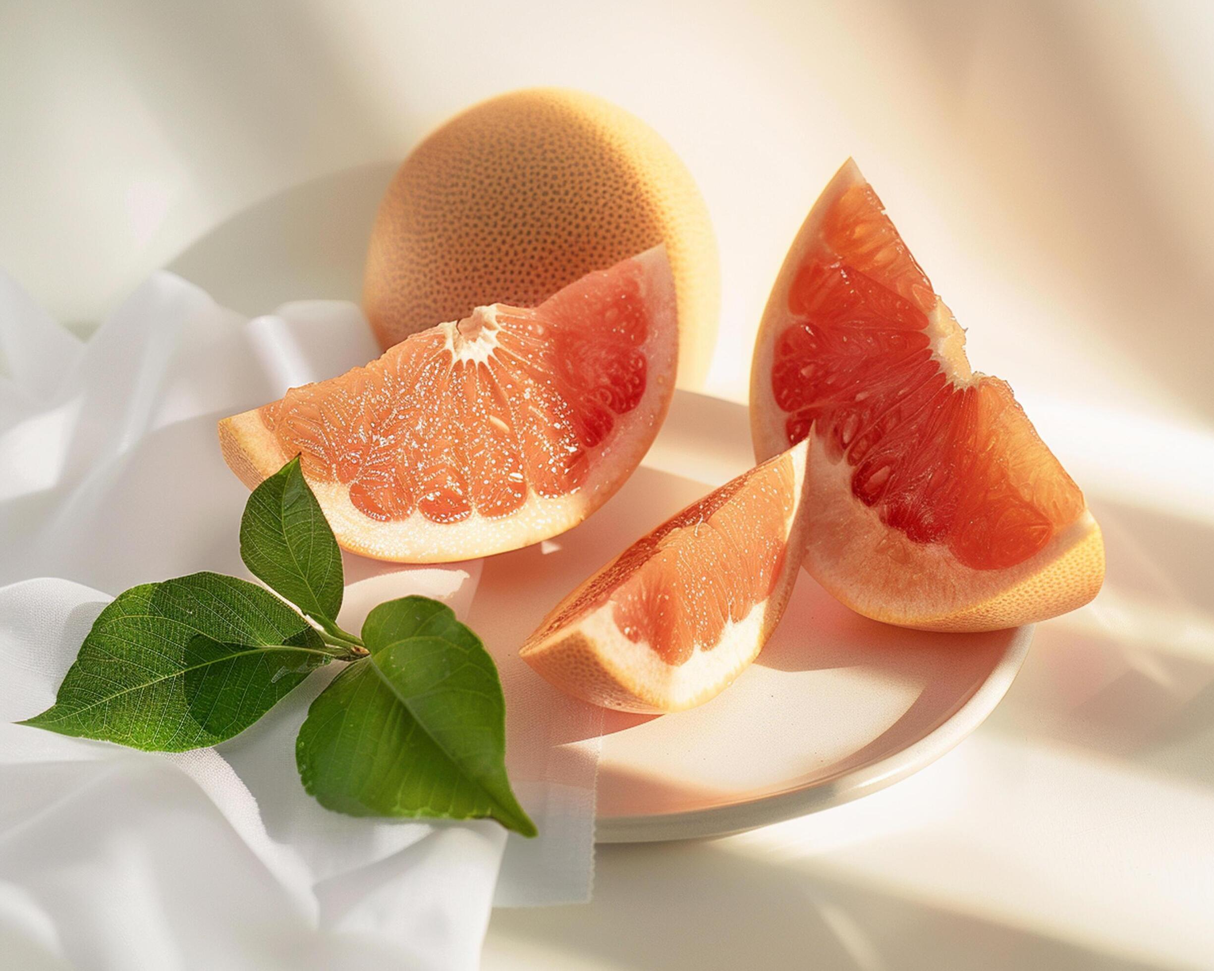 grapefruit on a plate with leaves Stock Free