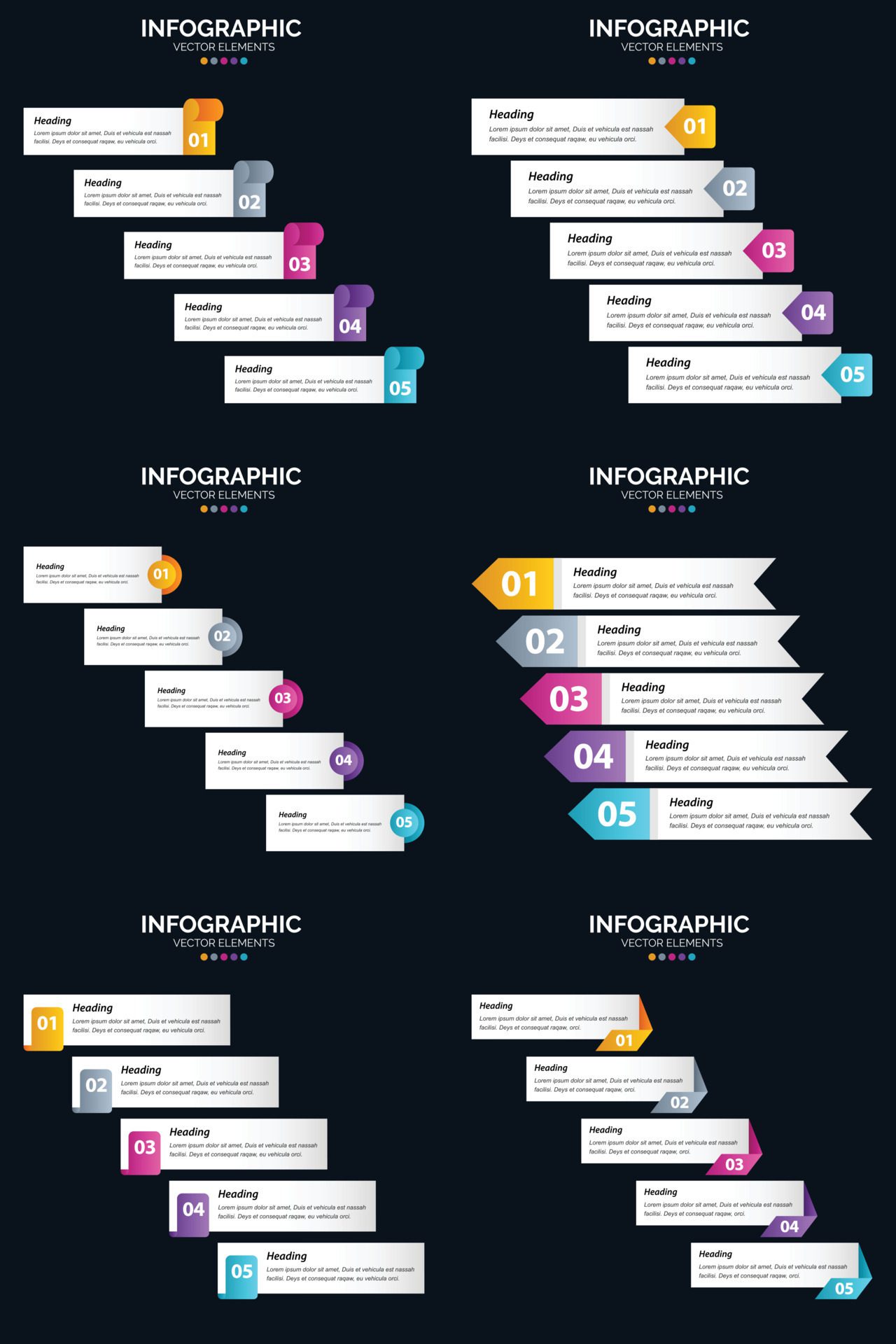 Vector 6 Infographics Pack Presentation slide template 5 Steps cycle diagrams and timelines Free Vector