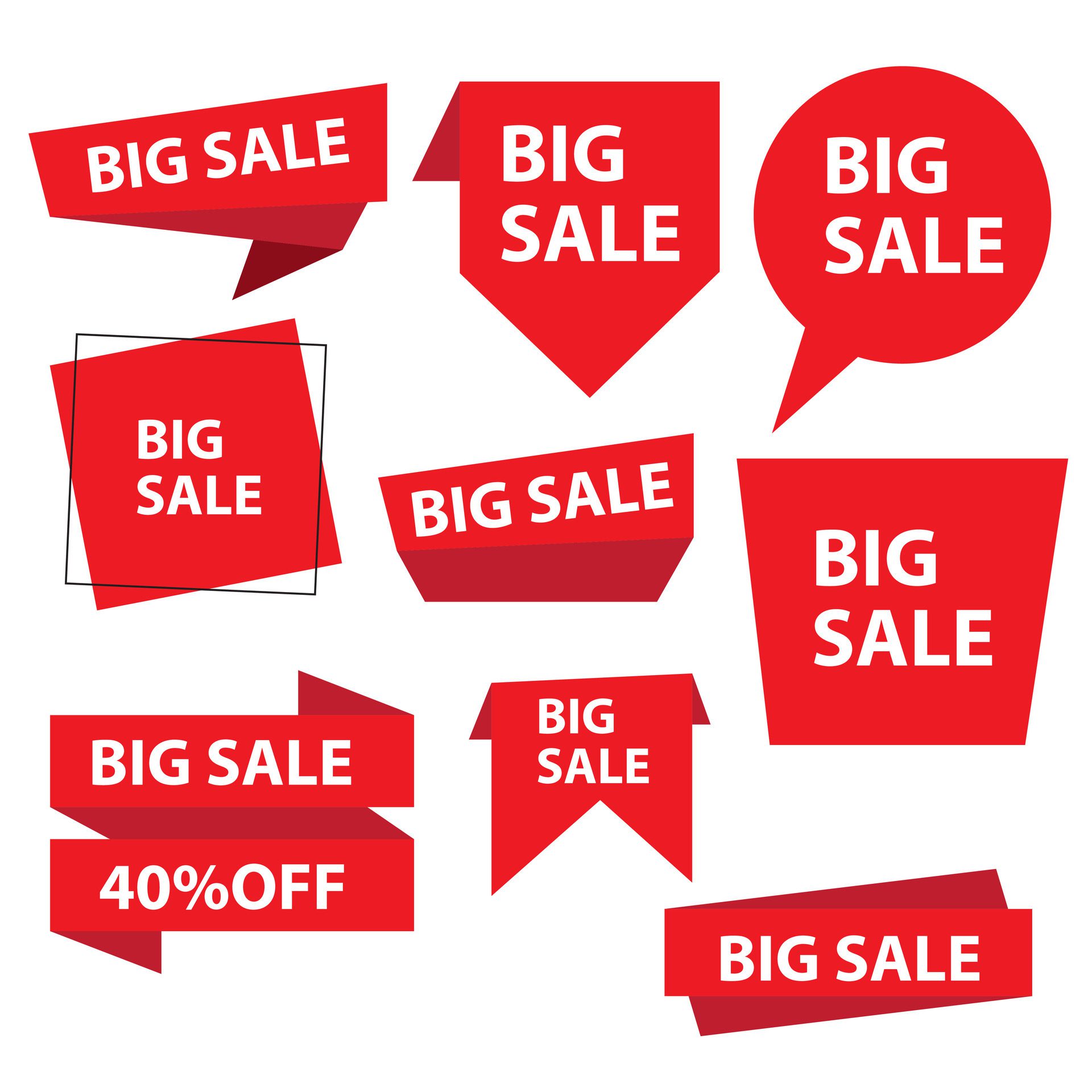 Best choice, order now, special offer, new and big sale banners. Red ribbons, tags and stickers. Vector illustration Free Vector