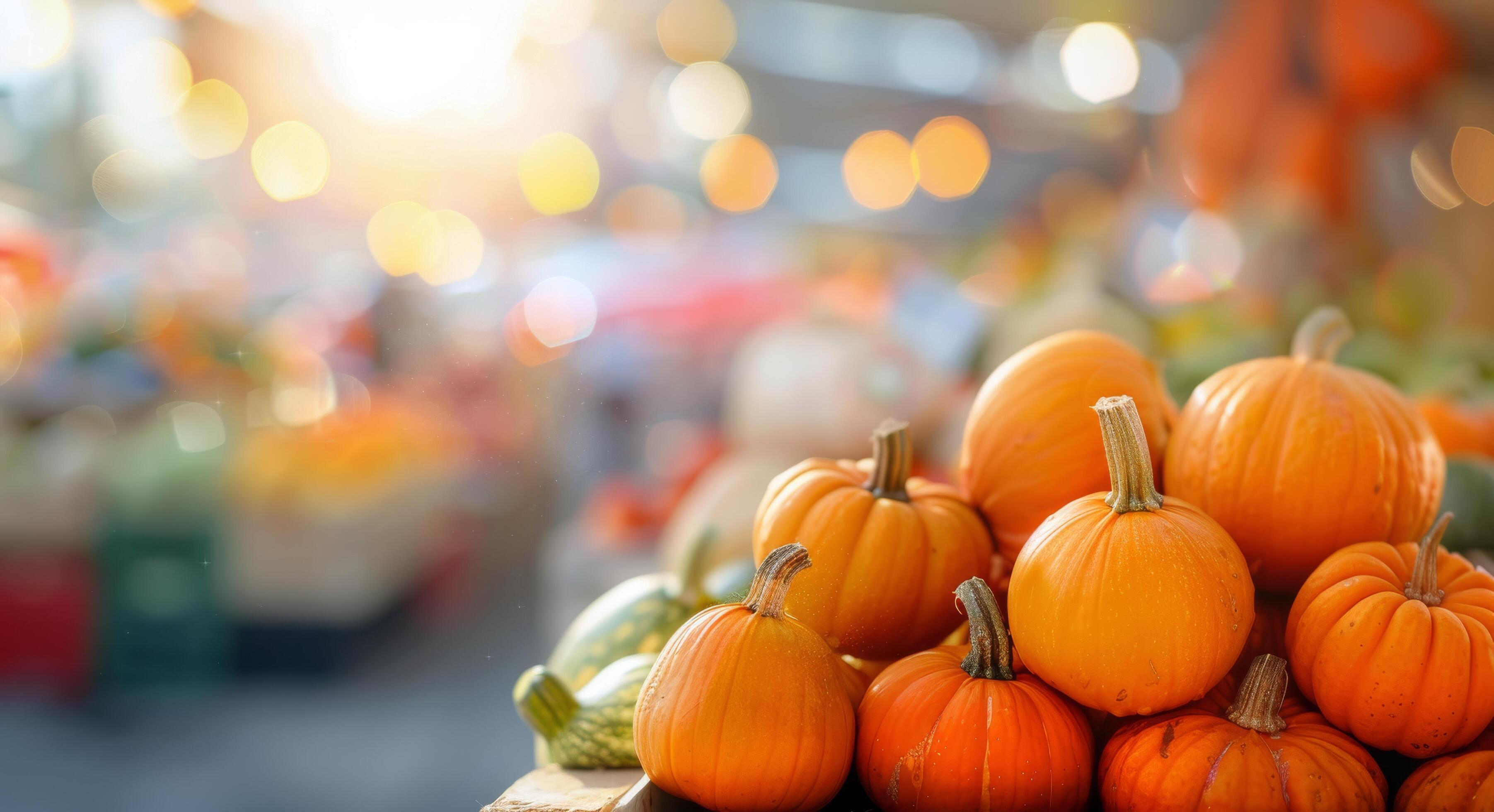 Colorful Pumpkins Displayed at a Market With Ambient Bokeh Lights in the Background Stock Free