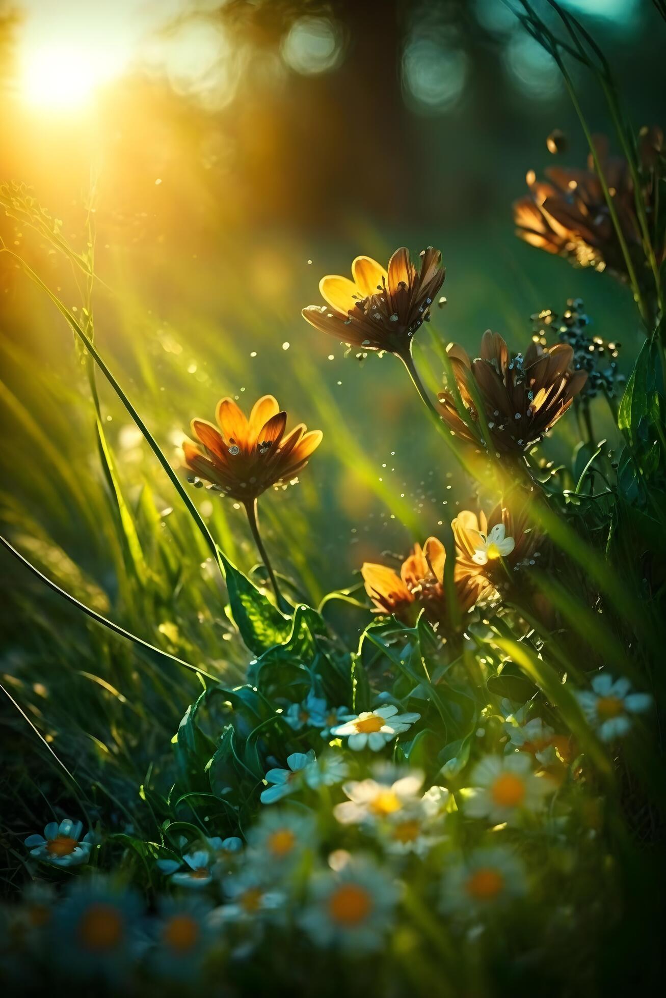 evening flowers and green grass created by technology Stock Free