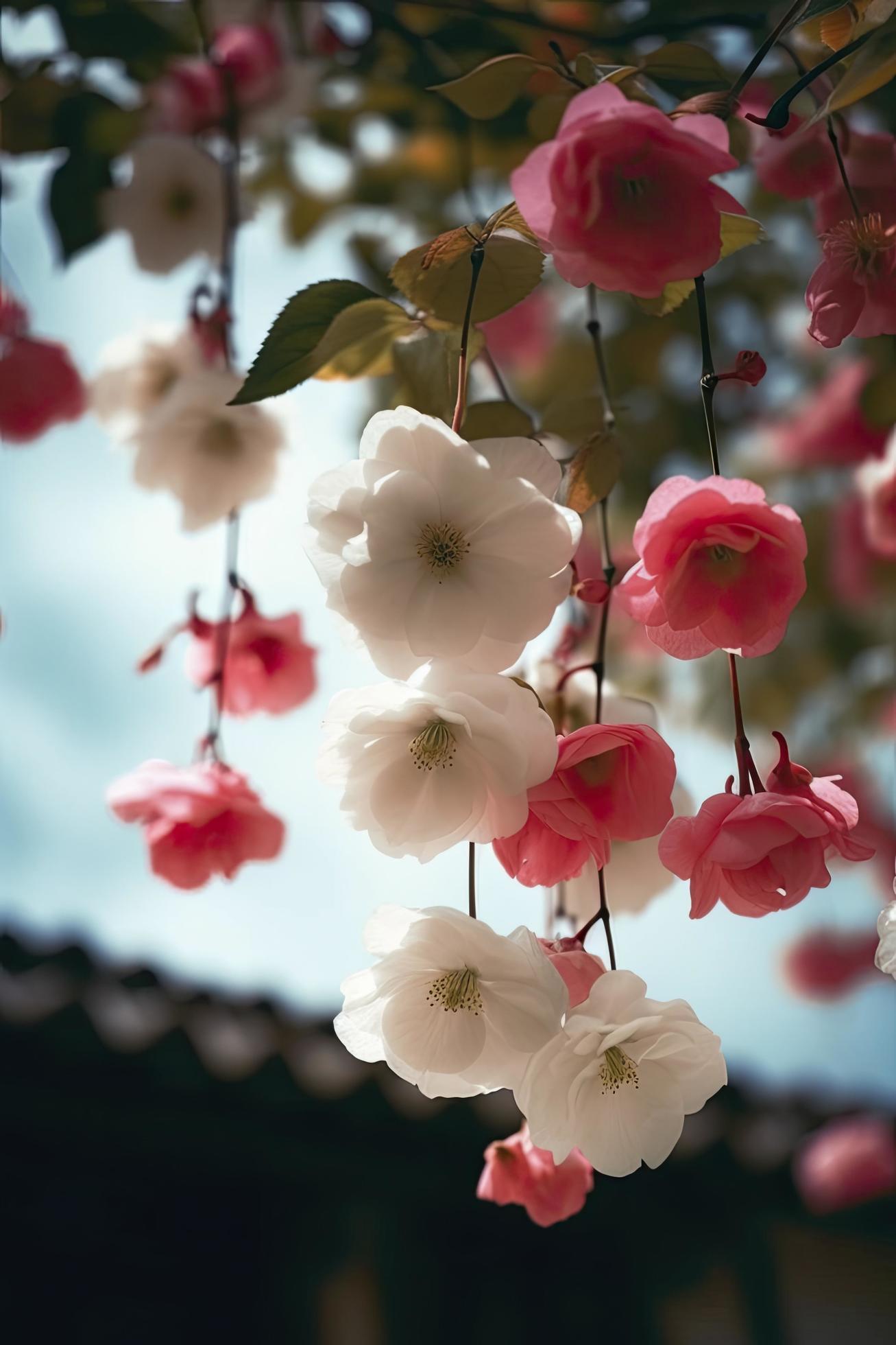 Spring, super real many pink and white silk crabapple flowers hanging on the shelf, pink and white petals, blue sky, generat ai Stock Free