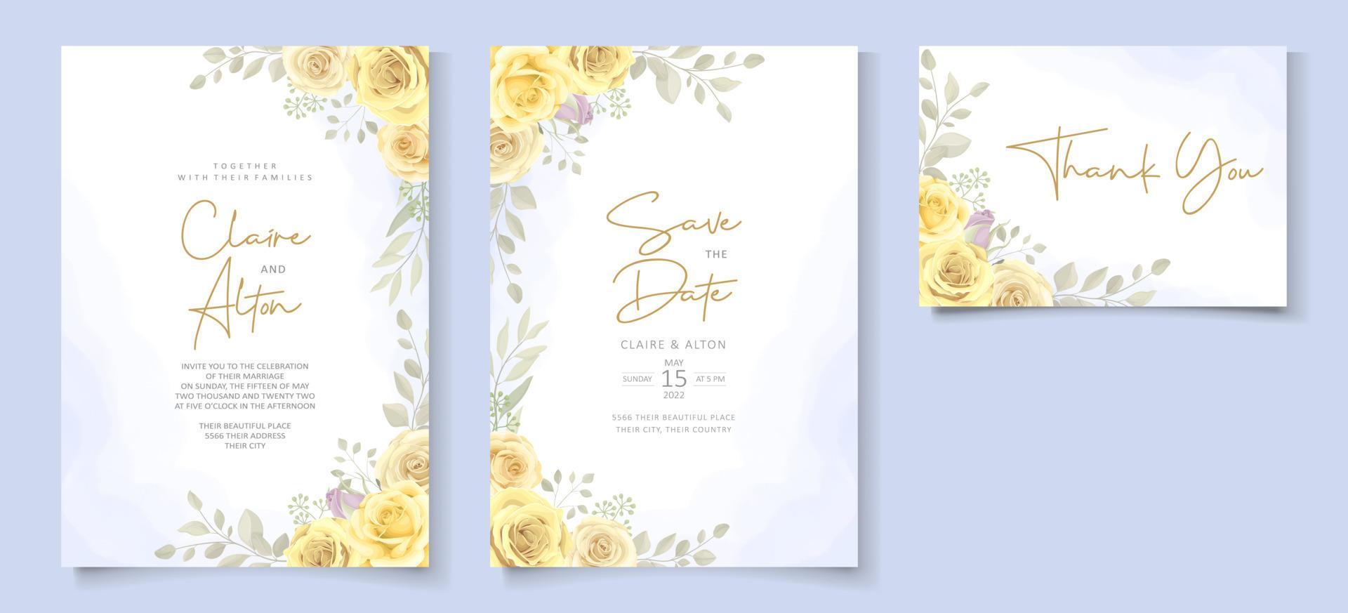 Hand drawn blooming rose flower wedding invitation template design Stock Free