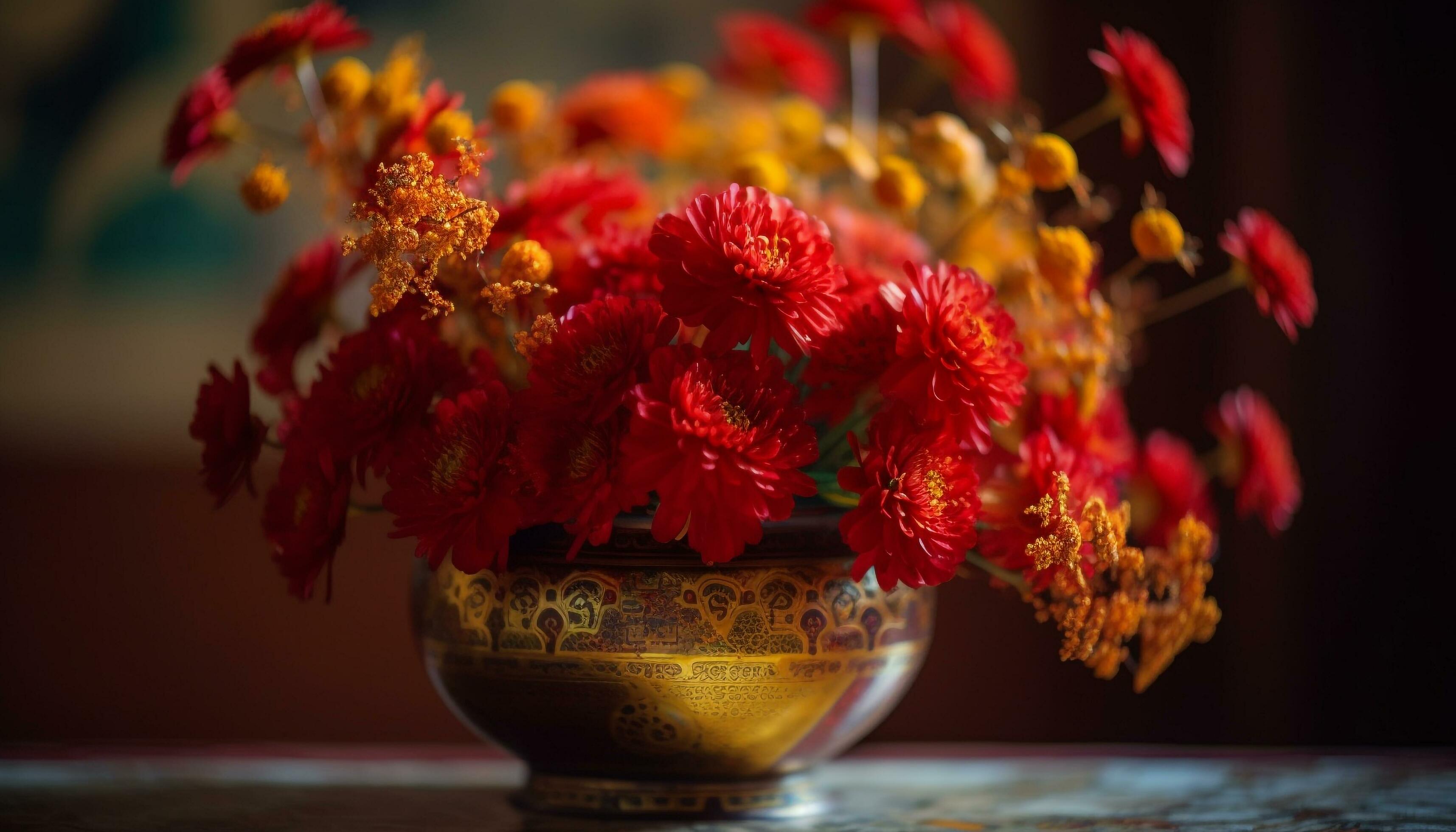 Rustic pottery vase holds multi colored bouquet of fresh autumn flowers generated by AI Stock Free