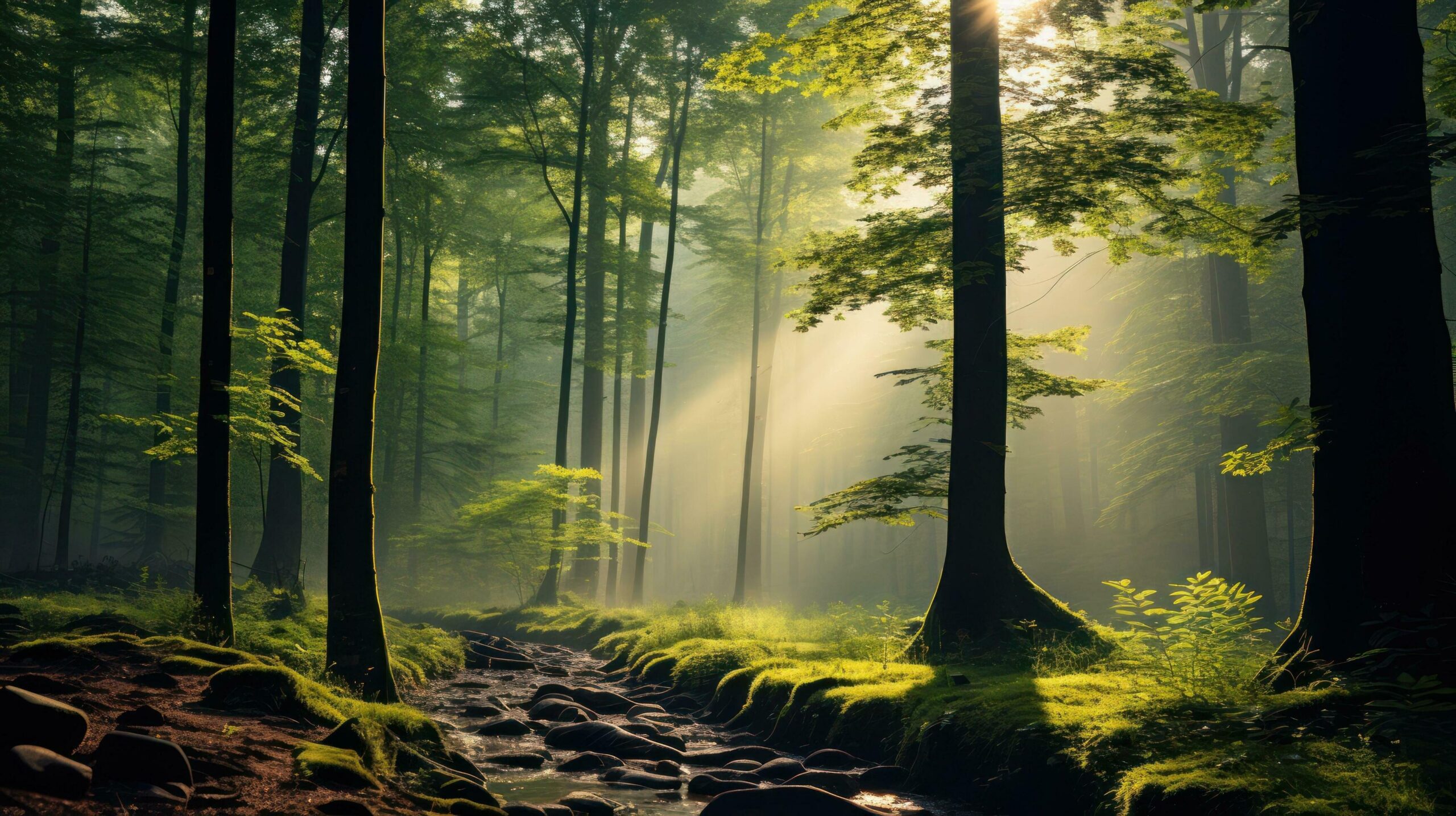 Beautiful nature at morning in the misty spring forest with sun Free Photo