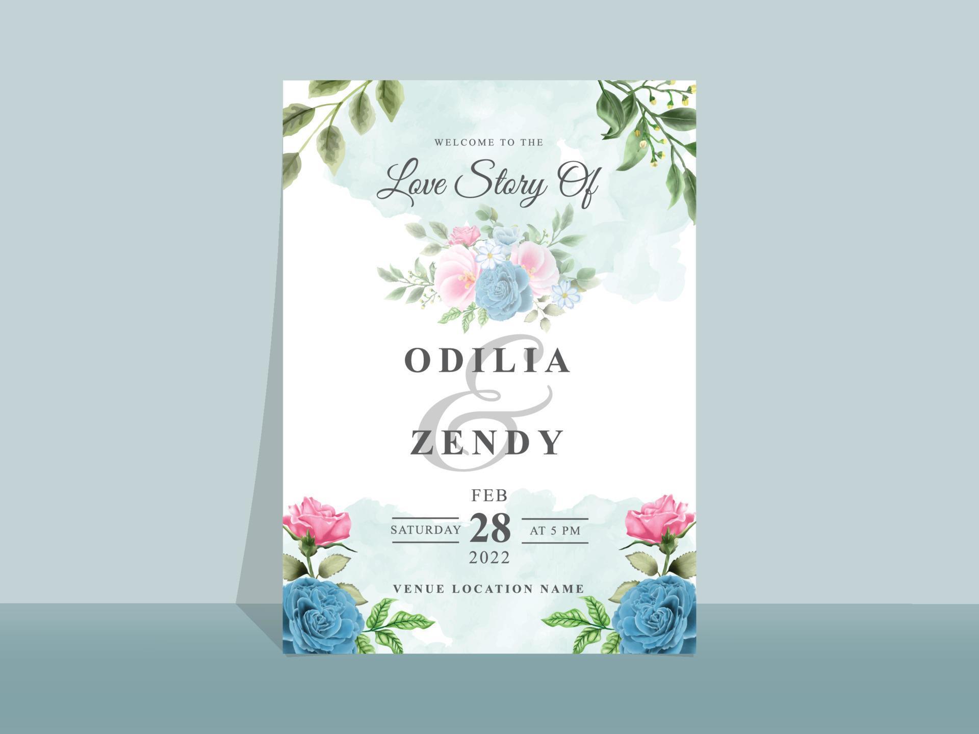 Beautiful blue and pink flowers wedding invitation card Stock Free