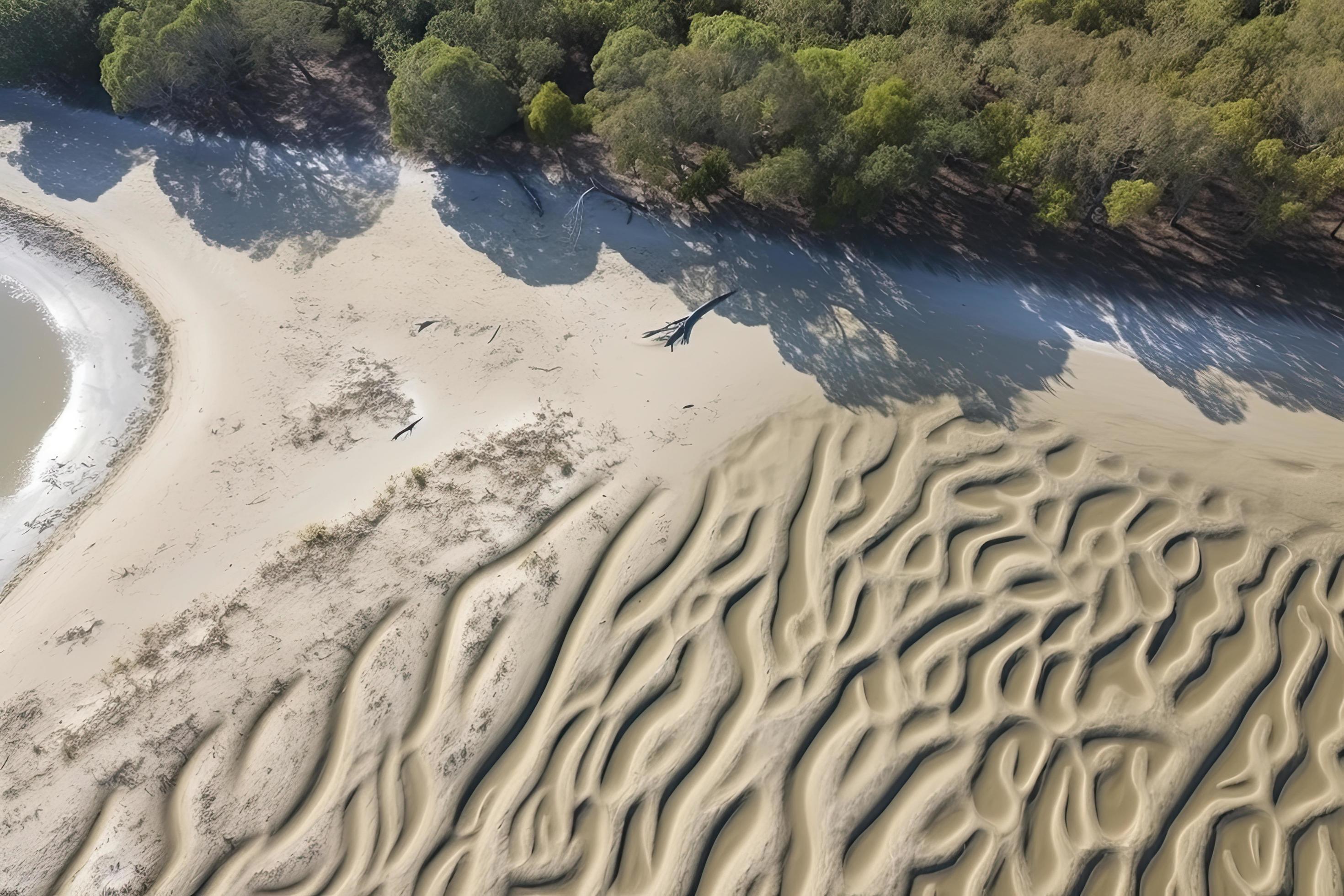 Aerial view of natural patterns in the sand at low tide near mangrove tree forest. Stock Free