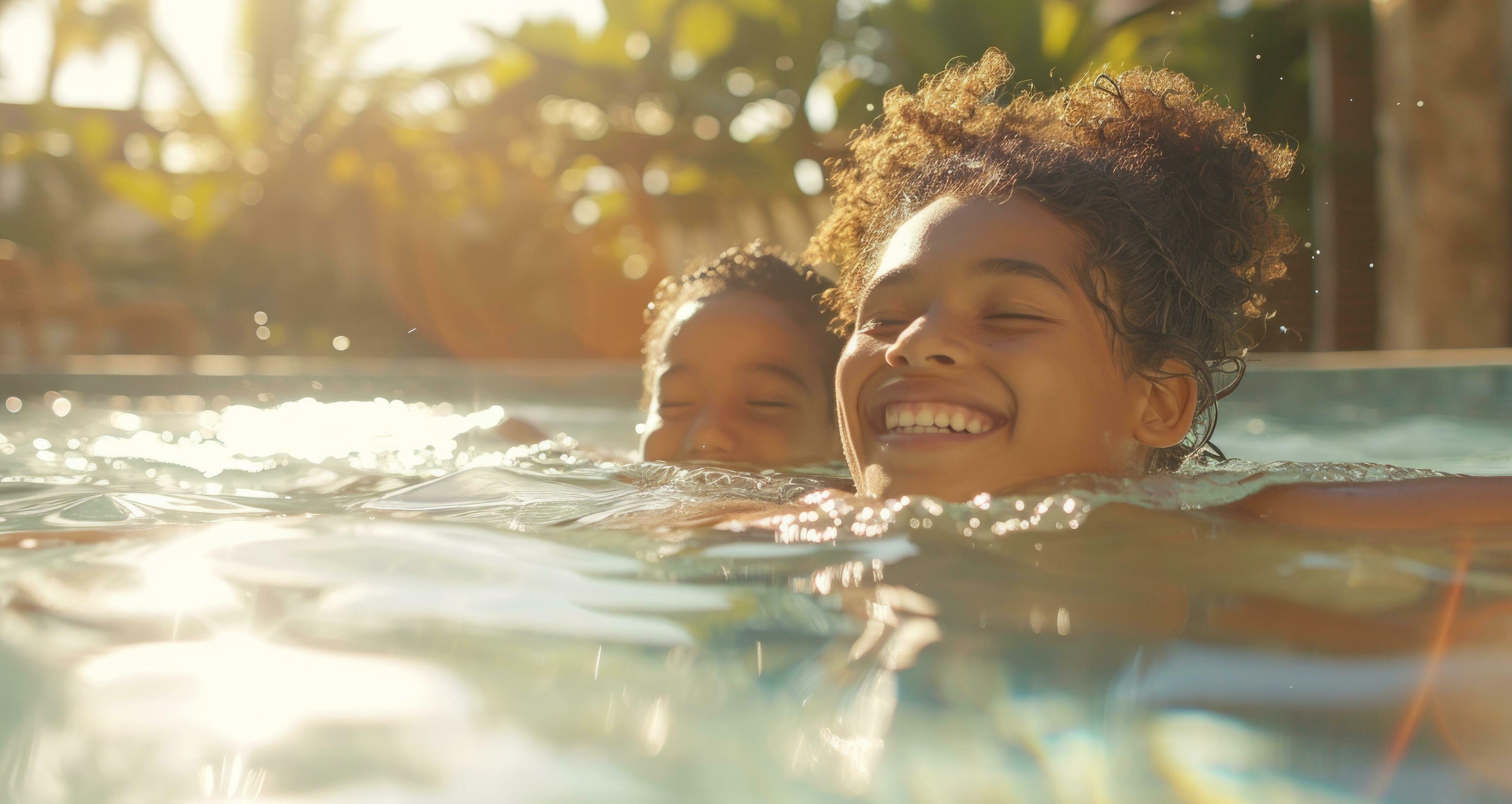 AI generated two family people are laughing while in a swimming pool Stock Free