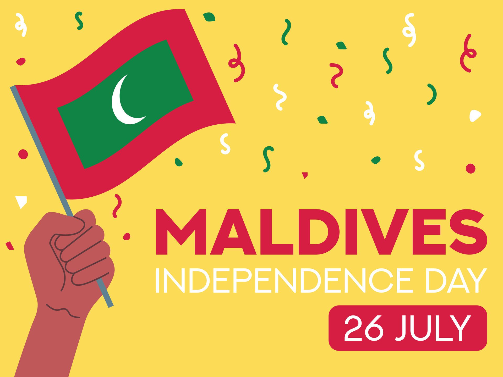 maldives independence day 26 July. maldives flag in hand. Greeting card, poster, banner template Free Vector