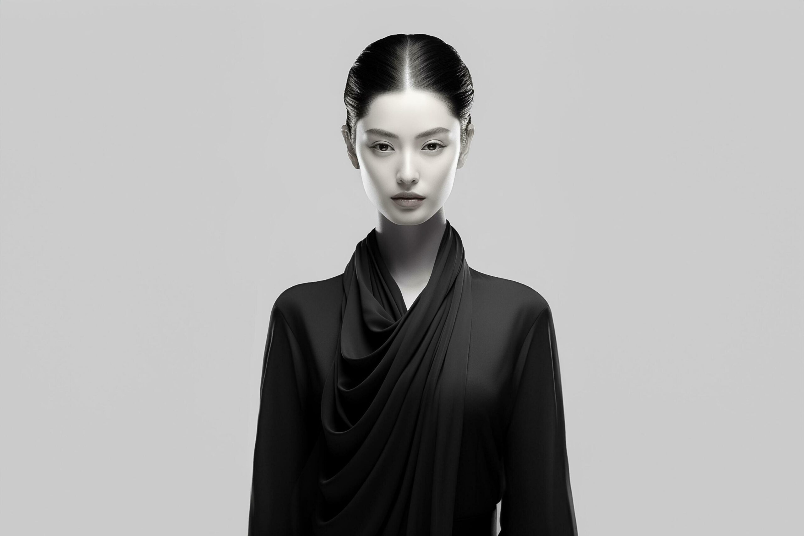 Fashion art portrait of beautiful Chinese woman with abstract black and white clothes. AI Generated Free Photo