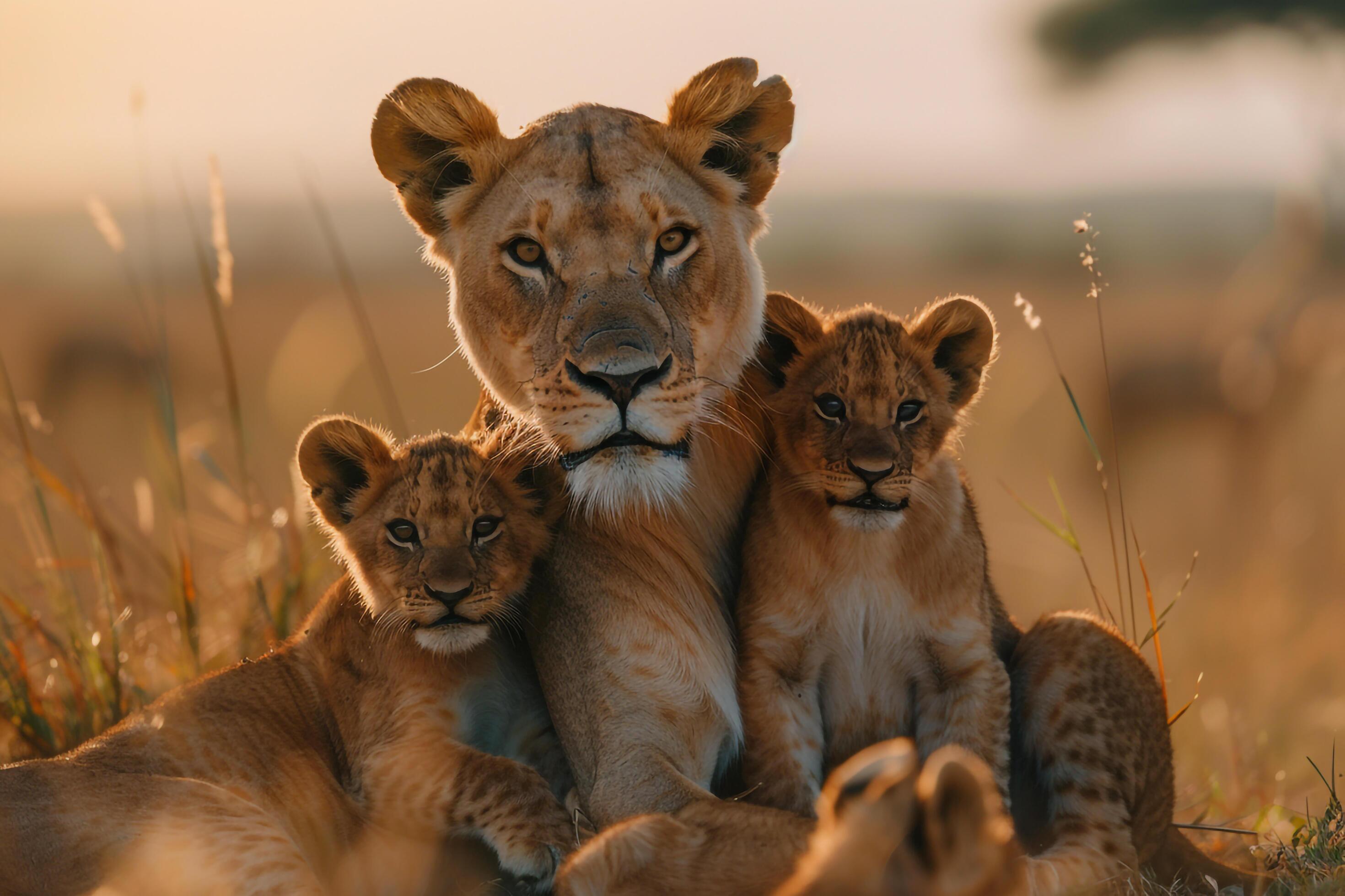 Lioness with cubs in the savannah. nature background. warm. familial scene with natural beauty and playful interaction Stock Free