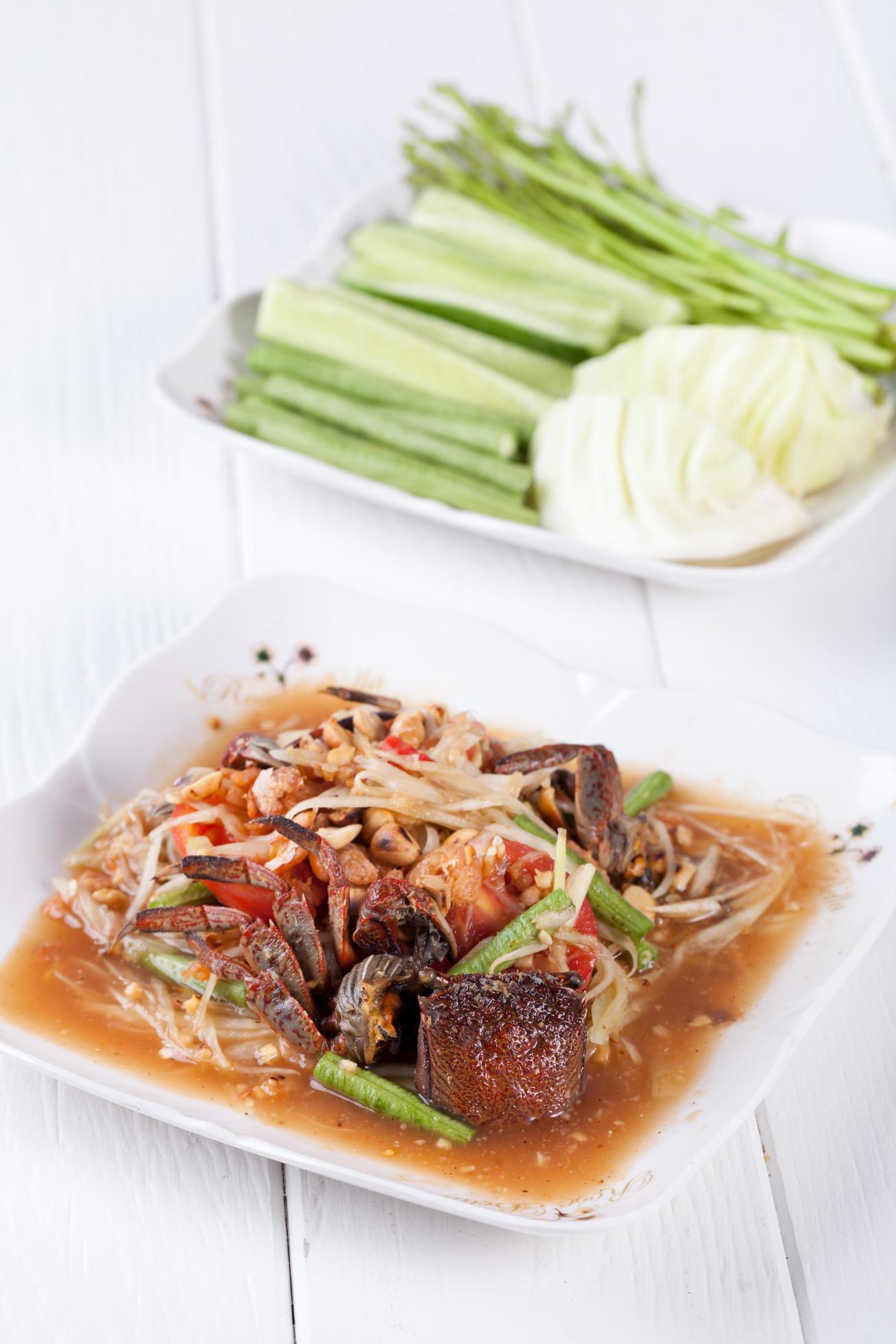 Somtum, papaya salad delicious food in thailand Stock Free