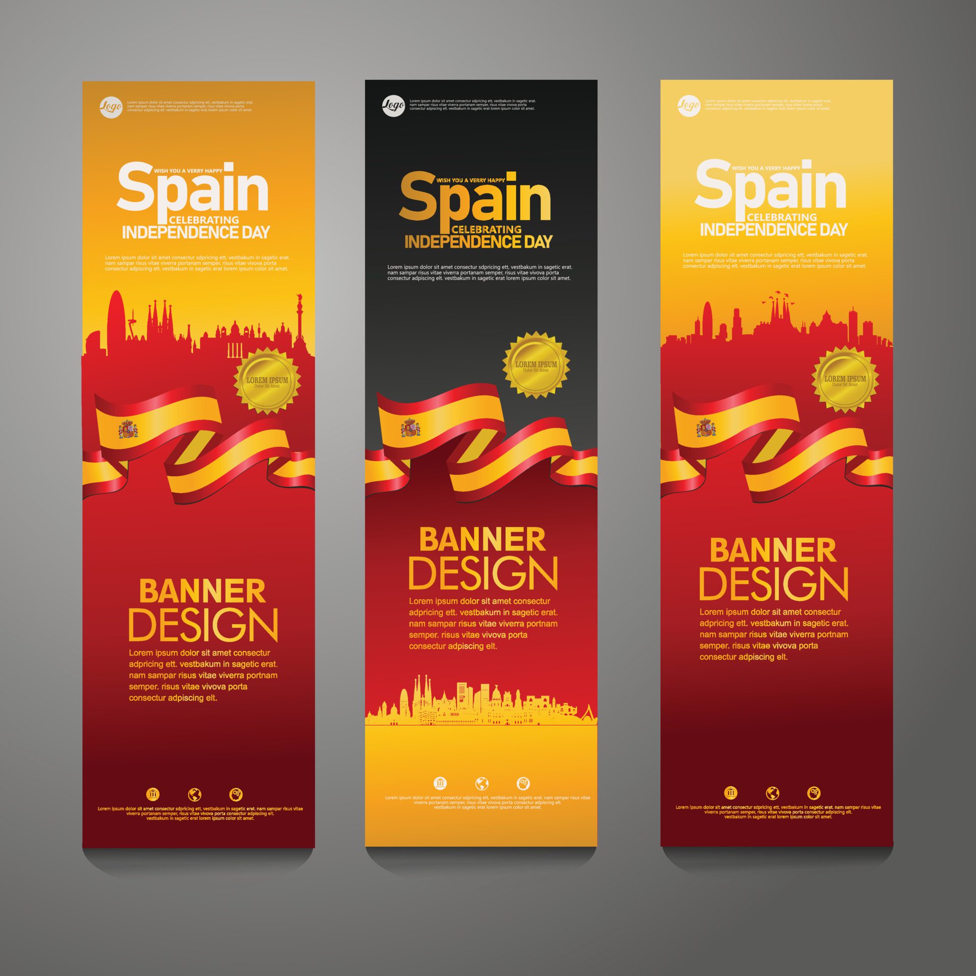 Spain Happy independence day Confetti Celebration Background Vertical Banner set Free Vector