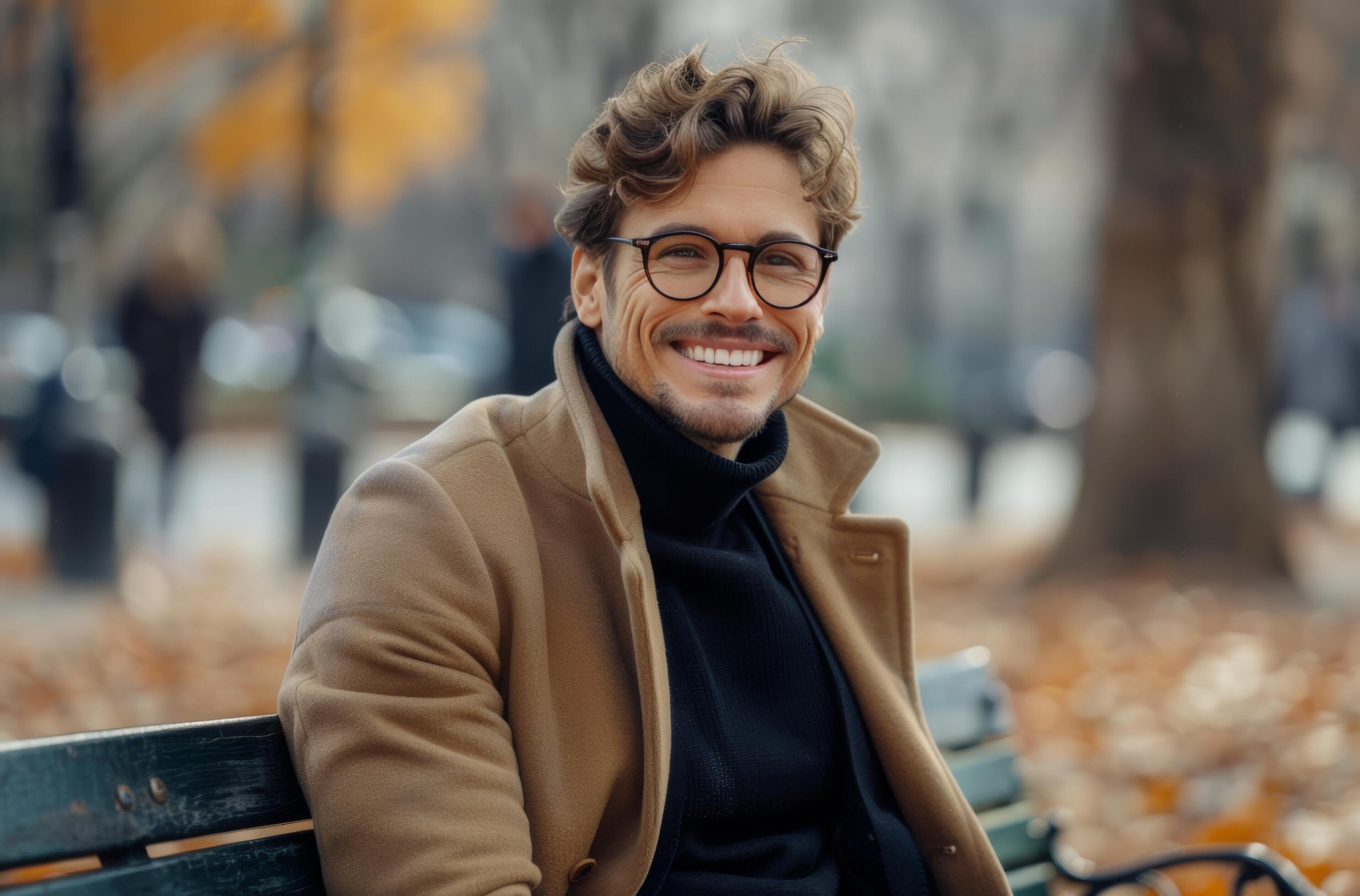 Smiling Man In Brown Coat Sitting On A Bench On An Autumn Day Stock Free