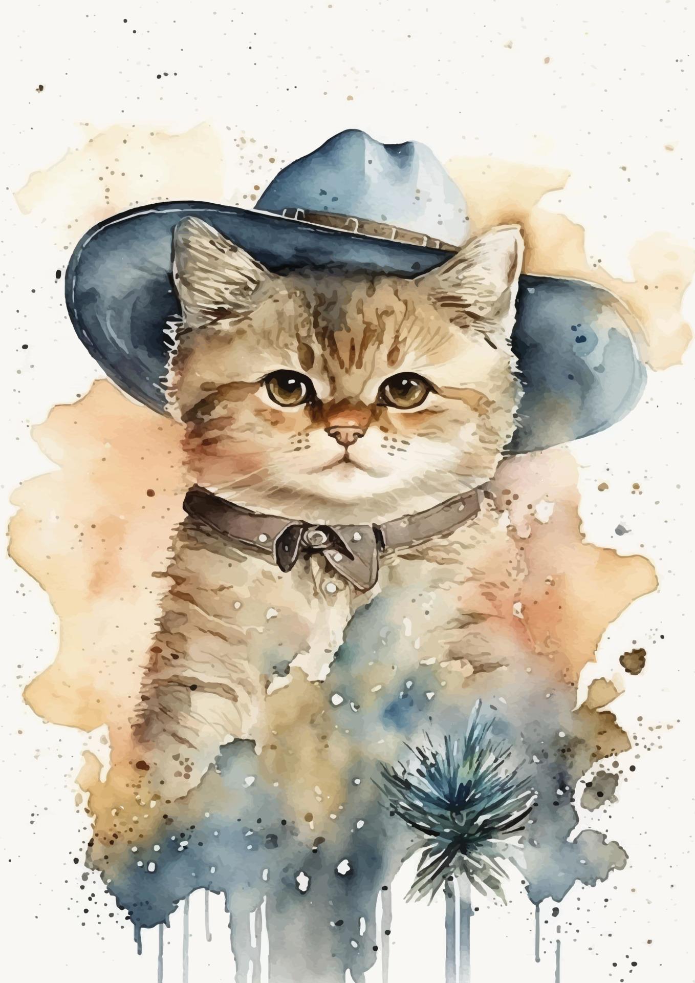 Watercolor cat with flowers of Angora breed Stock Free