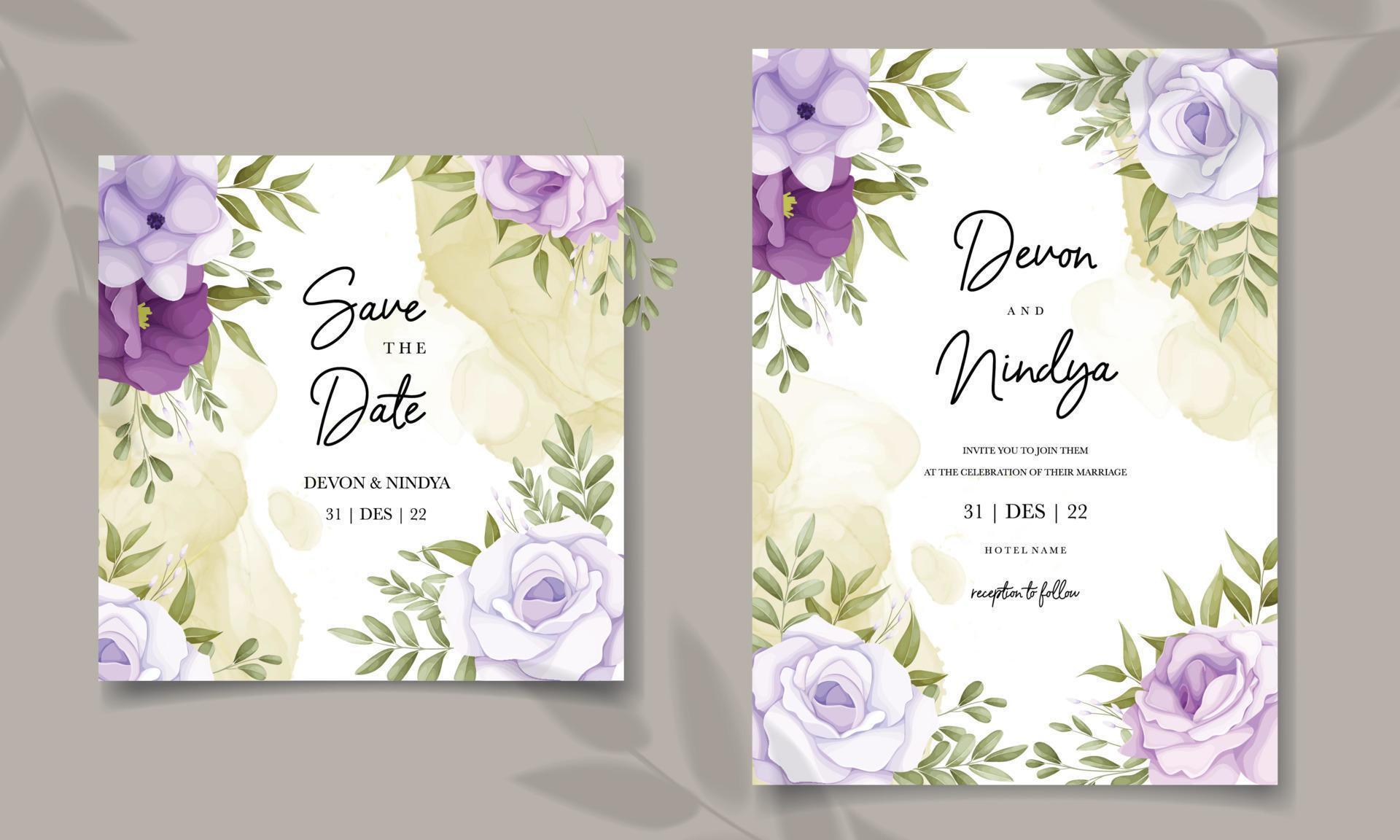 wedding invitation with pretty purple flowers Stock Free