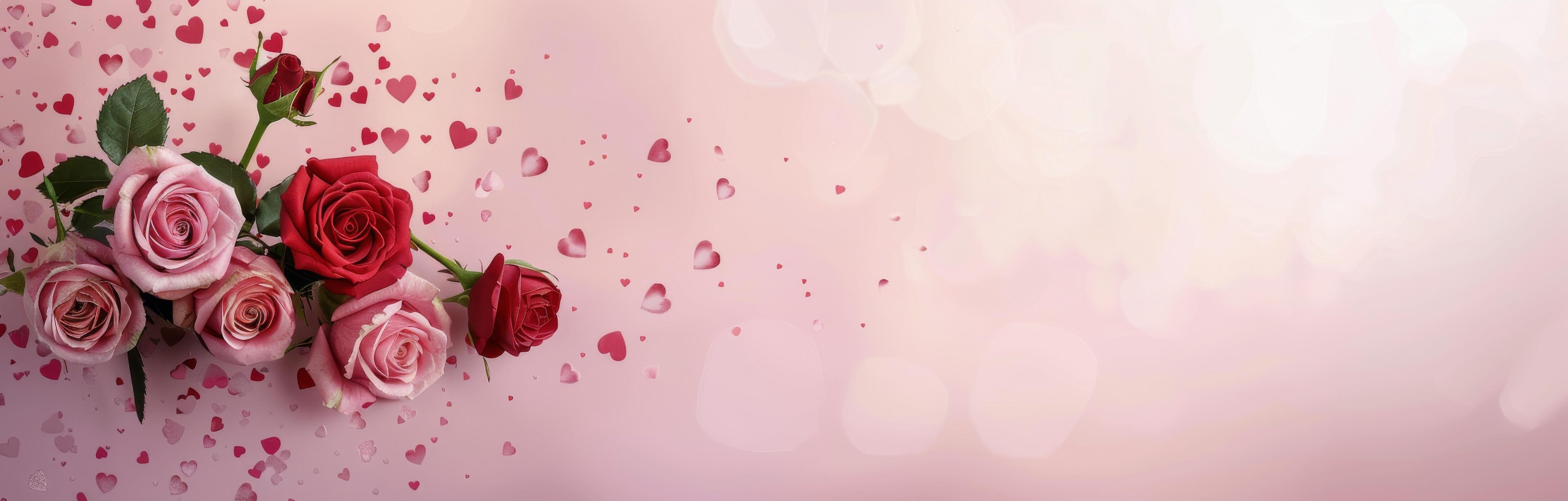 Bouquet of Pink and Red Roses Surrounded by Heart-Shaped Petals on Soft Background Stock Free