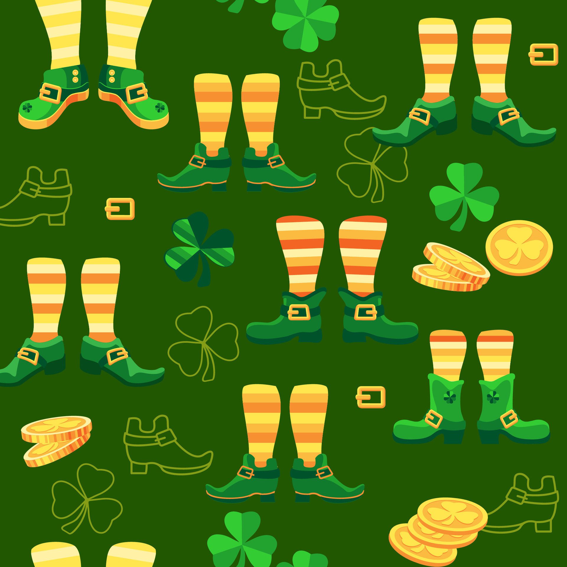 Saint Patrick’s Day seamless pattern. Leprechaun shoes, clover, coins. Vector. Free Vector