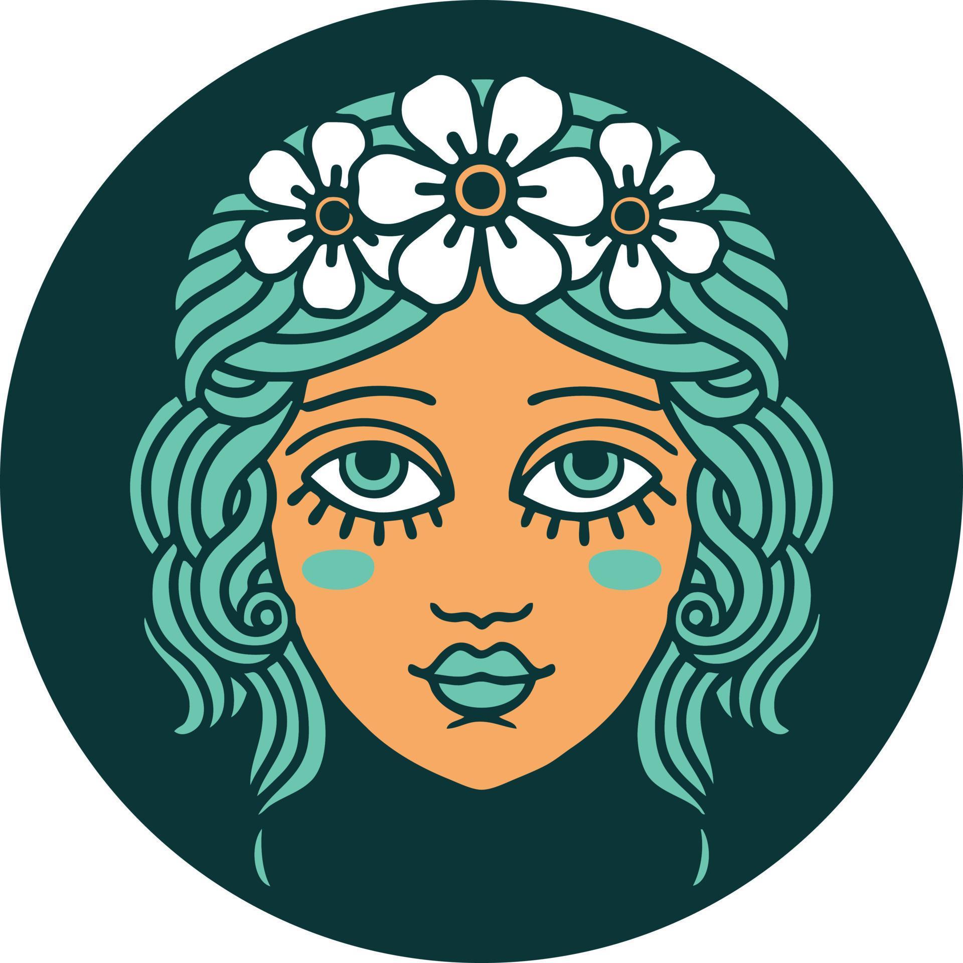 tattoo style icon of female face with crown of flowers Stock Free