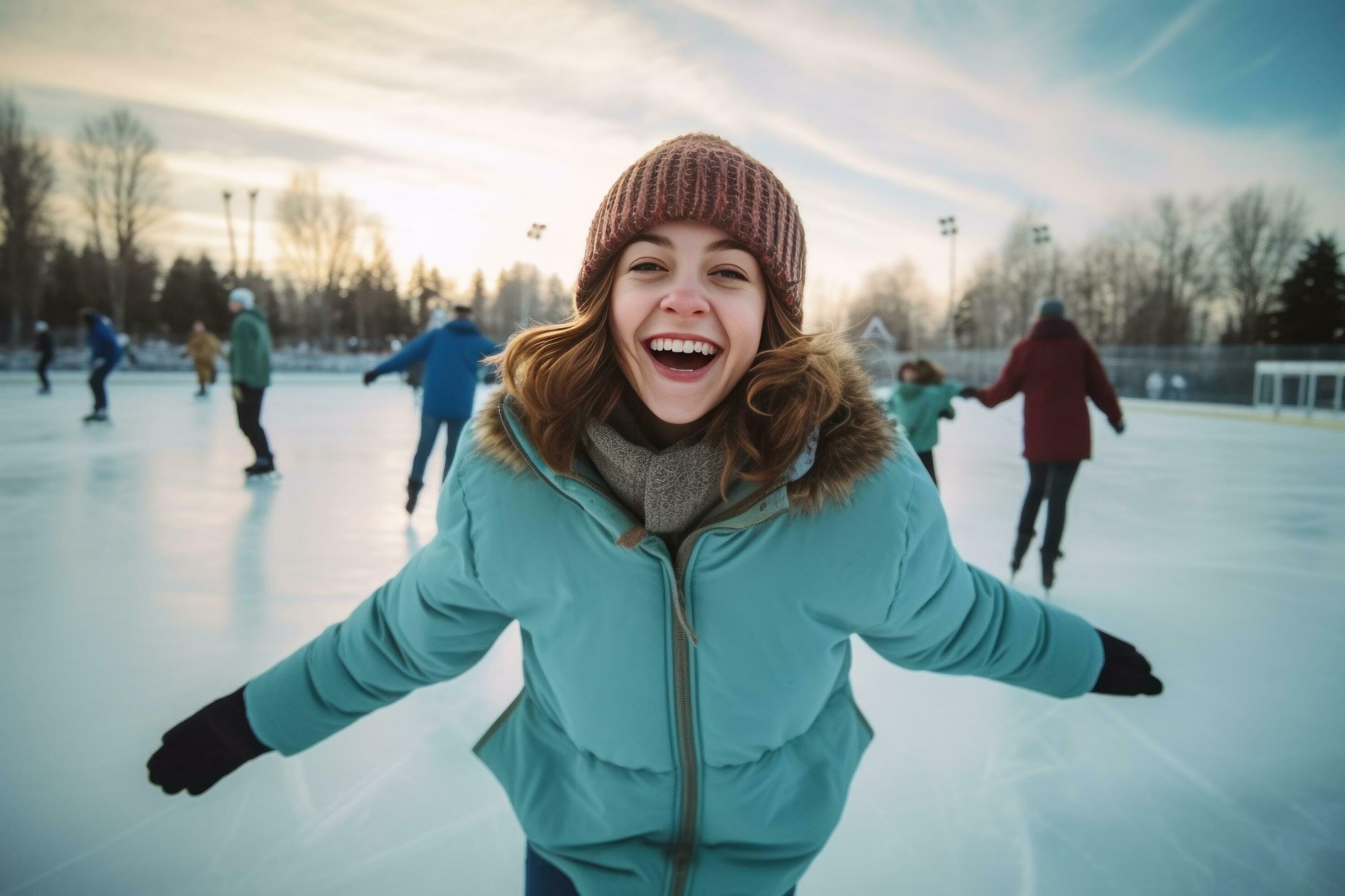 AI generated a young girl is hysterical and enjoying herself on ice rink with her family Stock Free