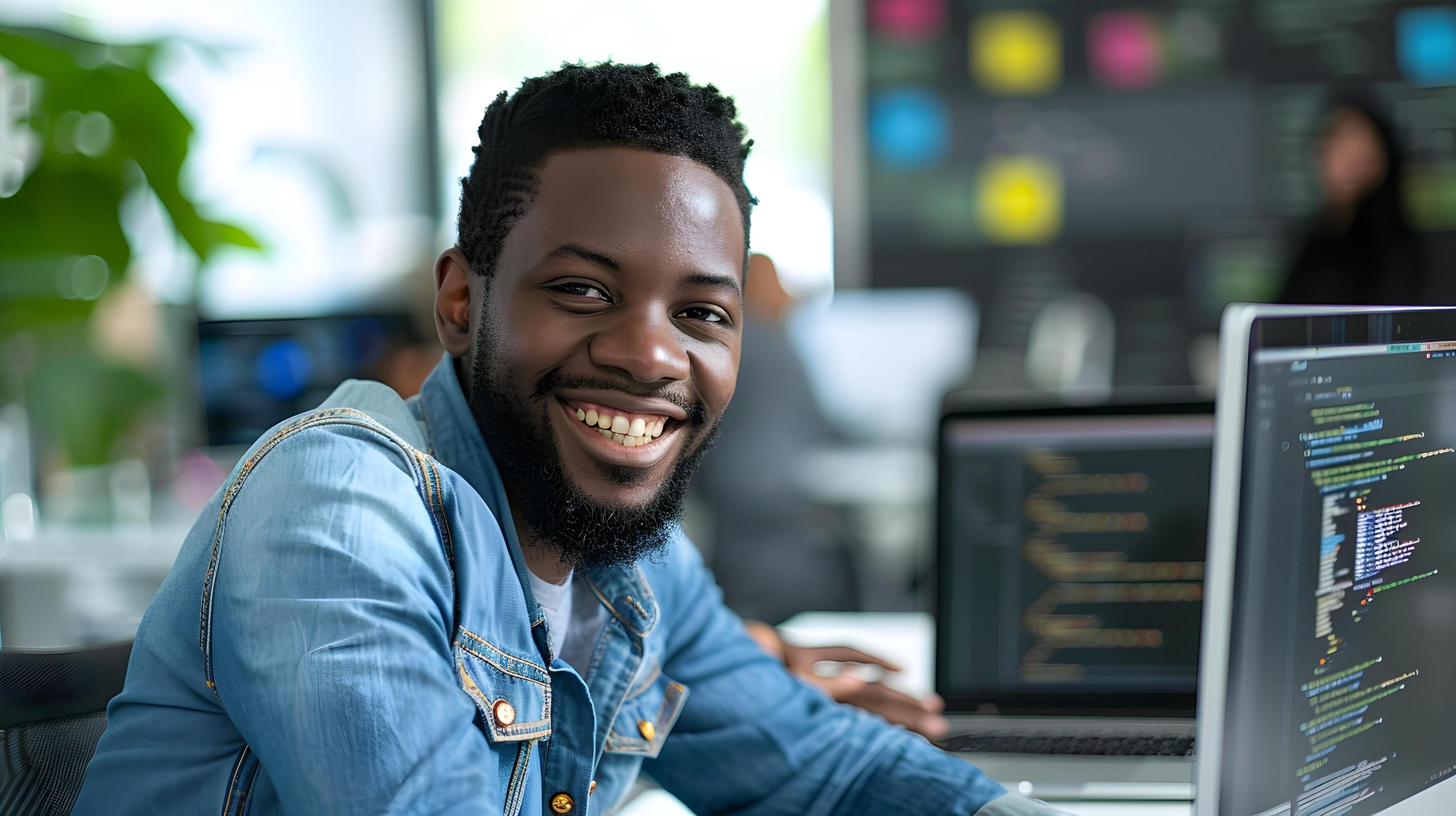 Cheerful African American Software Developer Typing at Desk in Bright Office Stock Free