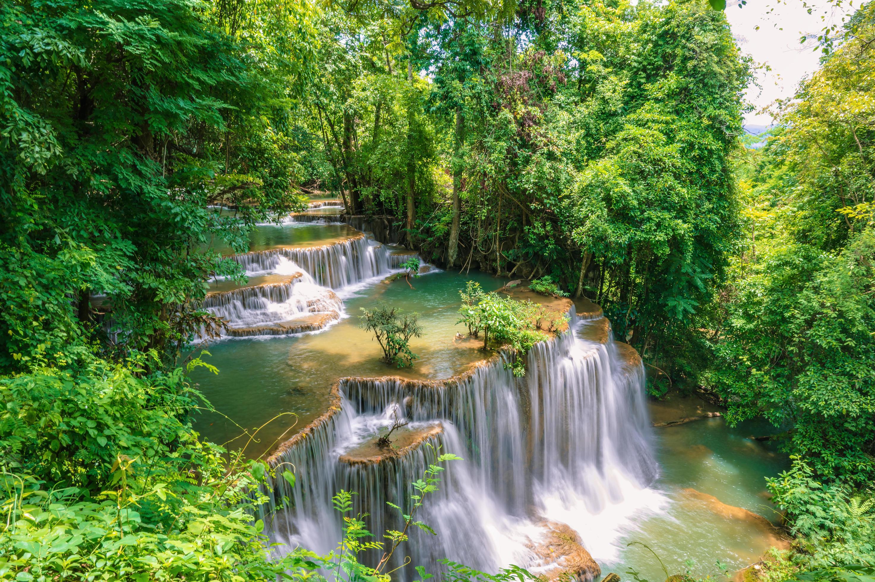 Landscape of Huai mae khamin waterfall Srinakarin national park at Kanchanaburi thailand.Huai mae khamin waterfall fourth floor Chatkaew Stock Free