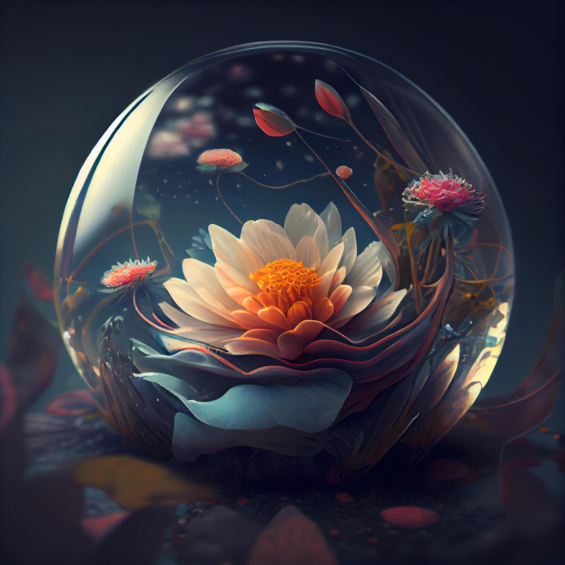 3d rendering of a crystal ball with flowers inside on dark background, Image Stock Free