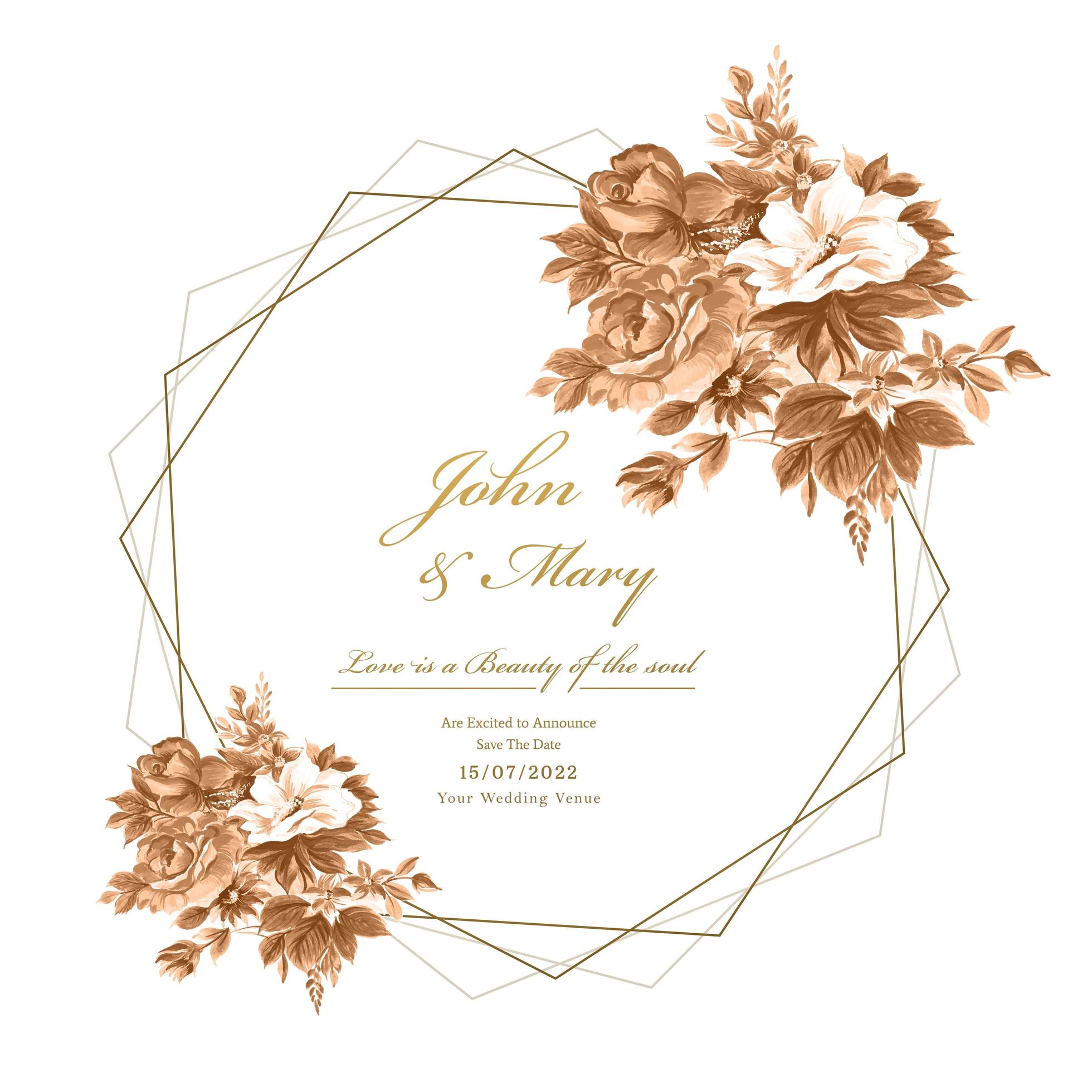 Wedding card with watercolor flowers and geometric frame Stock Free