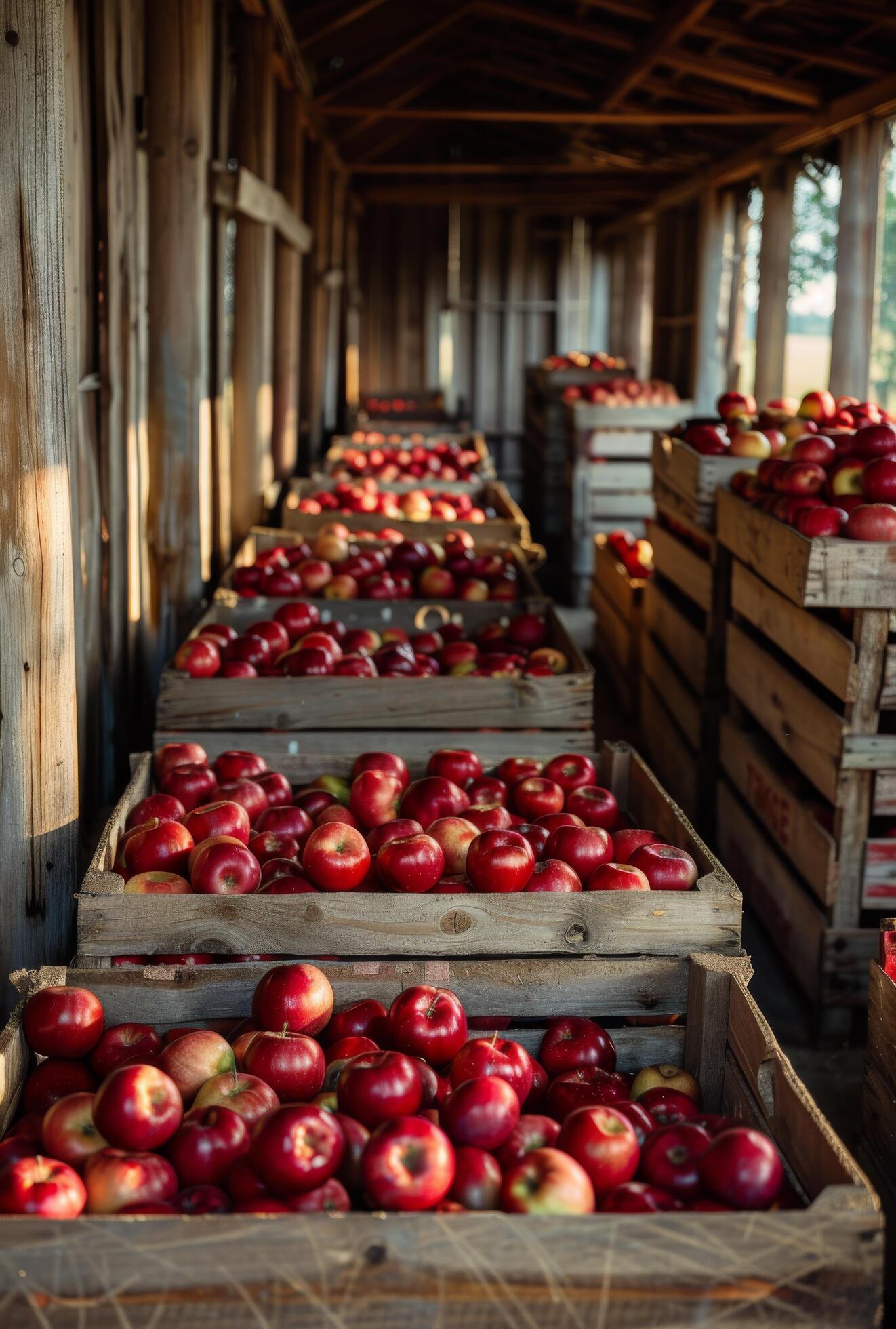 Sunlit Apples in Wooden Crates Inside a Large Warehouse Stock Free