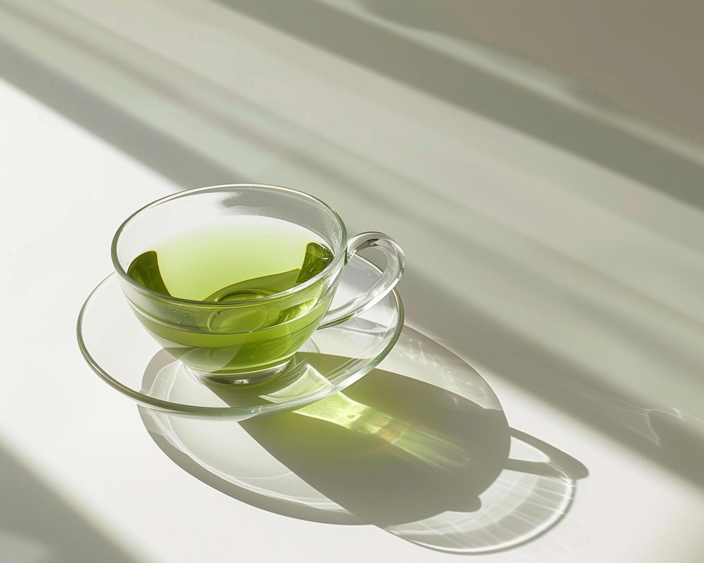 a cup of green tea is shown on a table Stock Free