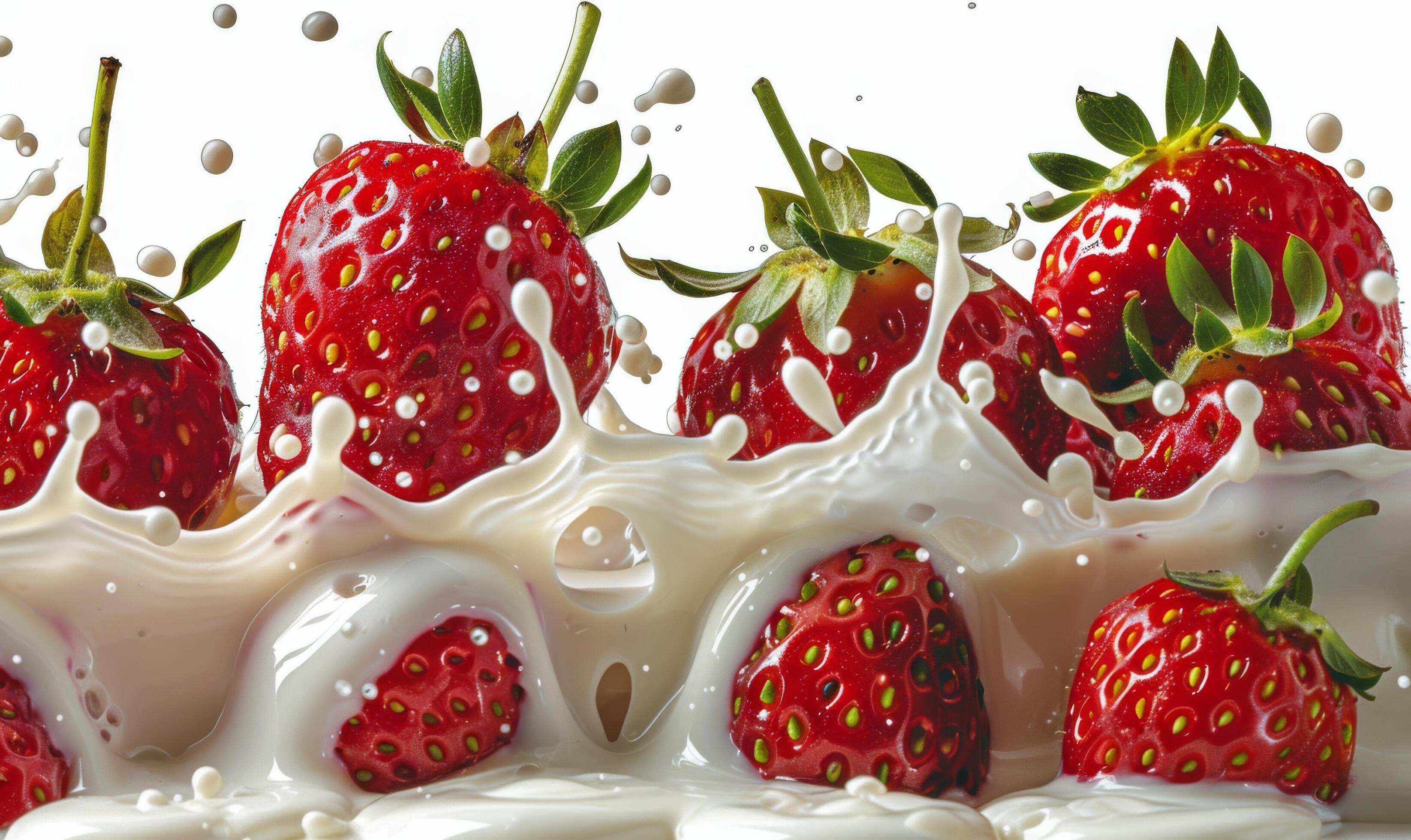 Fresh Red Strawberries Splashing Into Creamy Milk Stock Free