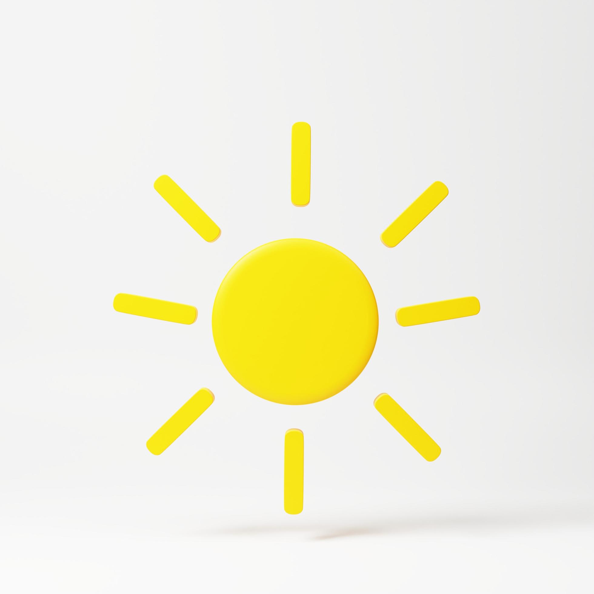 Yellow sun with rays, sun star. 3d rendering icon. Cartoon minimal style. Summer, weather, nature, space concept. Stock Free