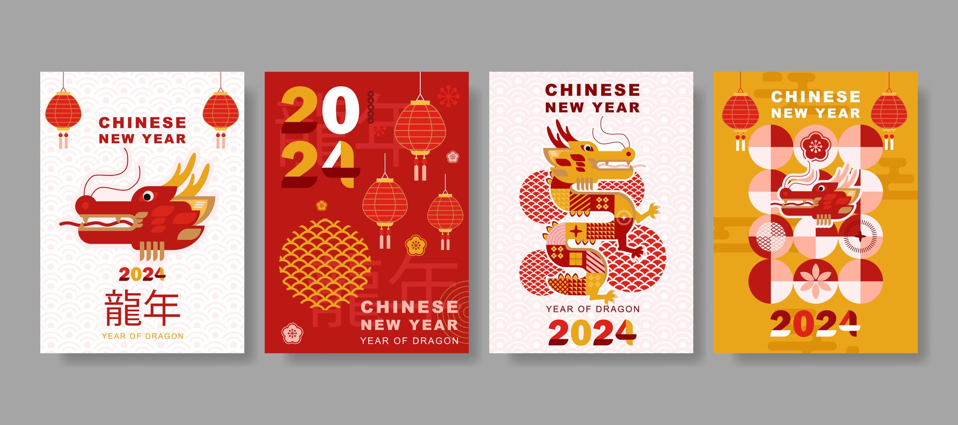 modern art Chinese New Year 2024 design set in red, gold and white colors for cover, card, poster, banner Free Vector