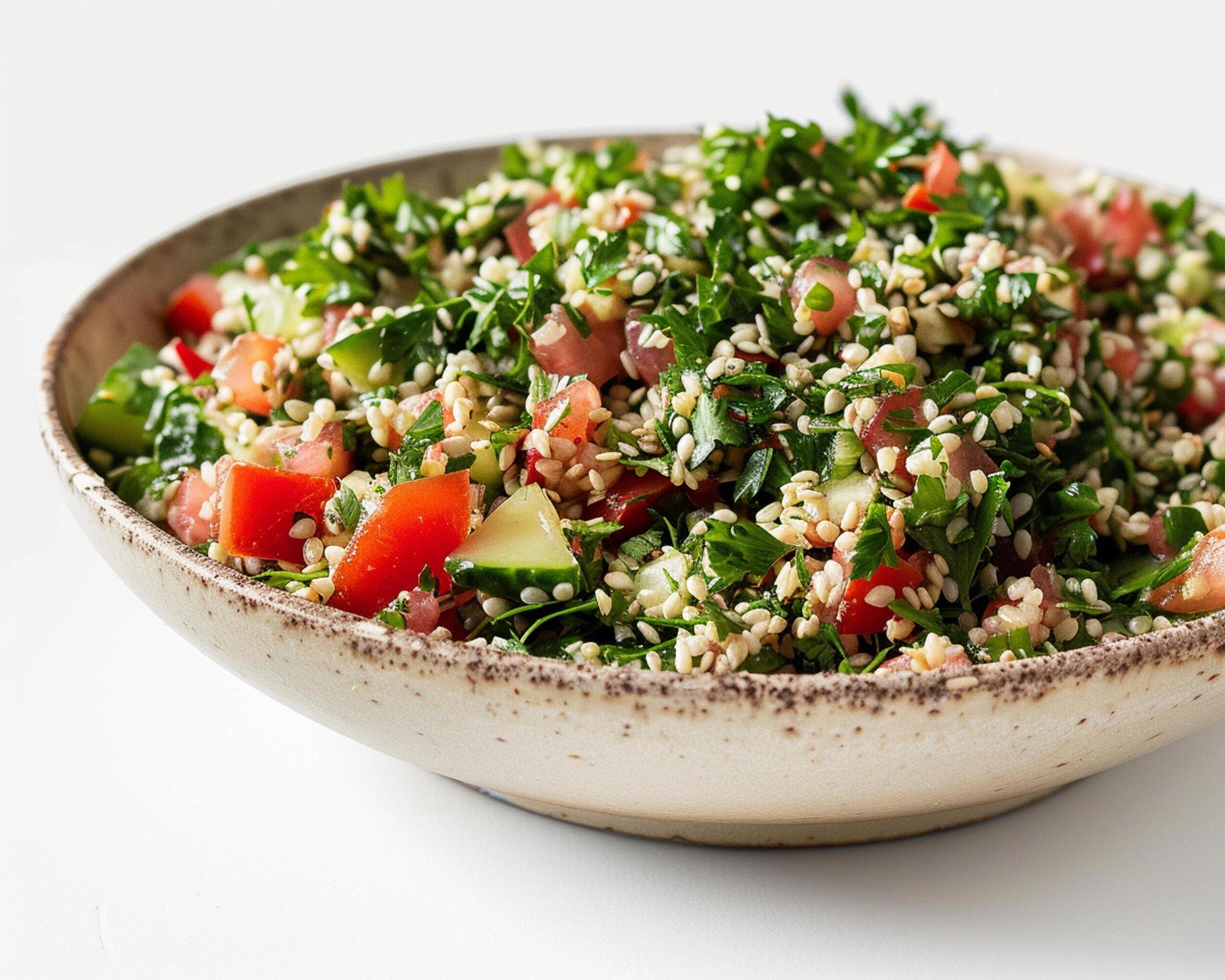 a bowl of couscous salad with tomatoes and vegetables Stock Free