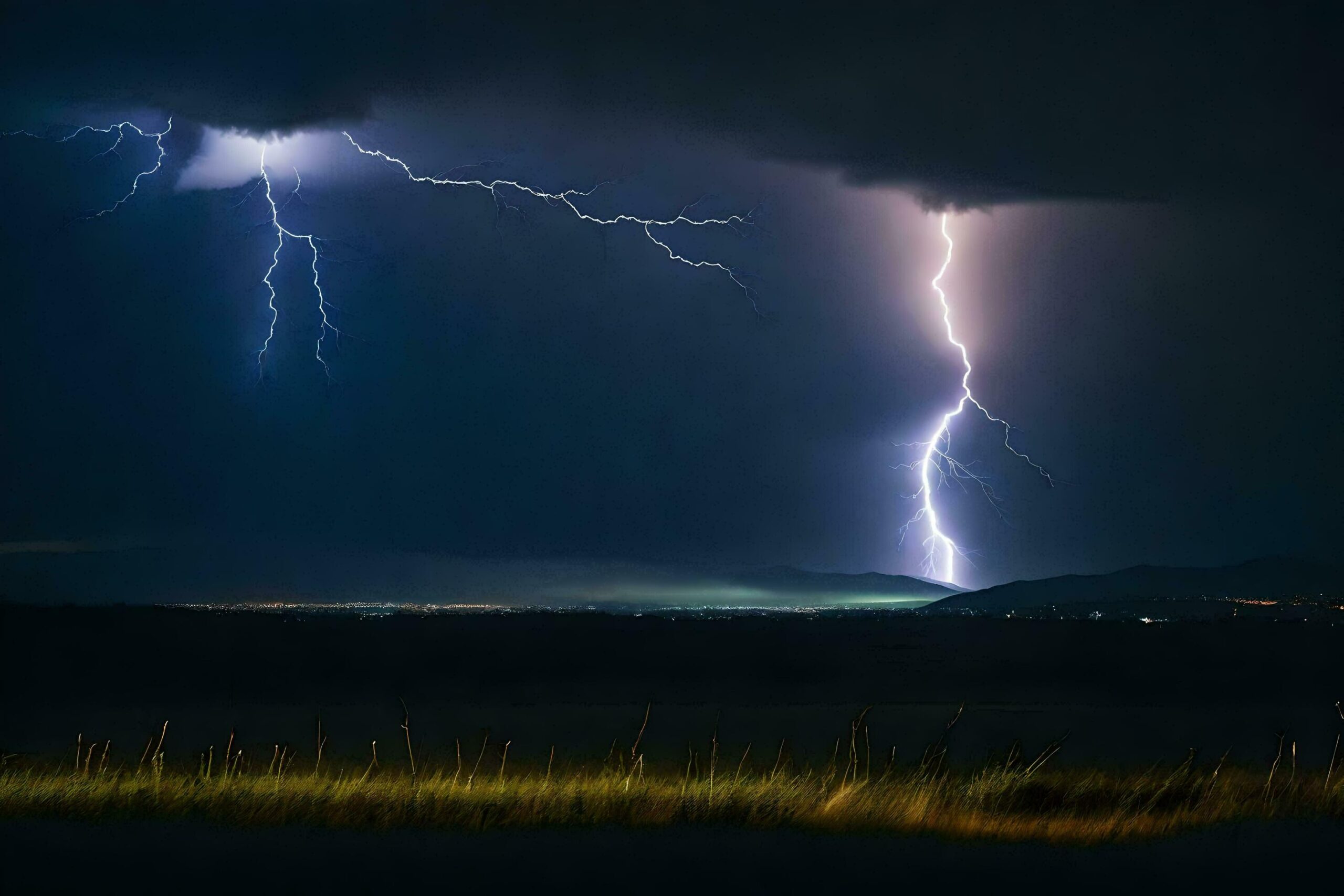 lightning strikes over a field with grass and trees Free Photo