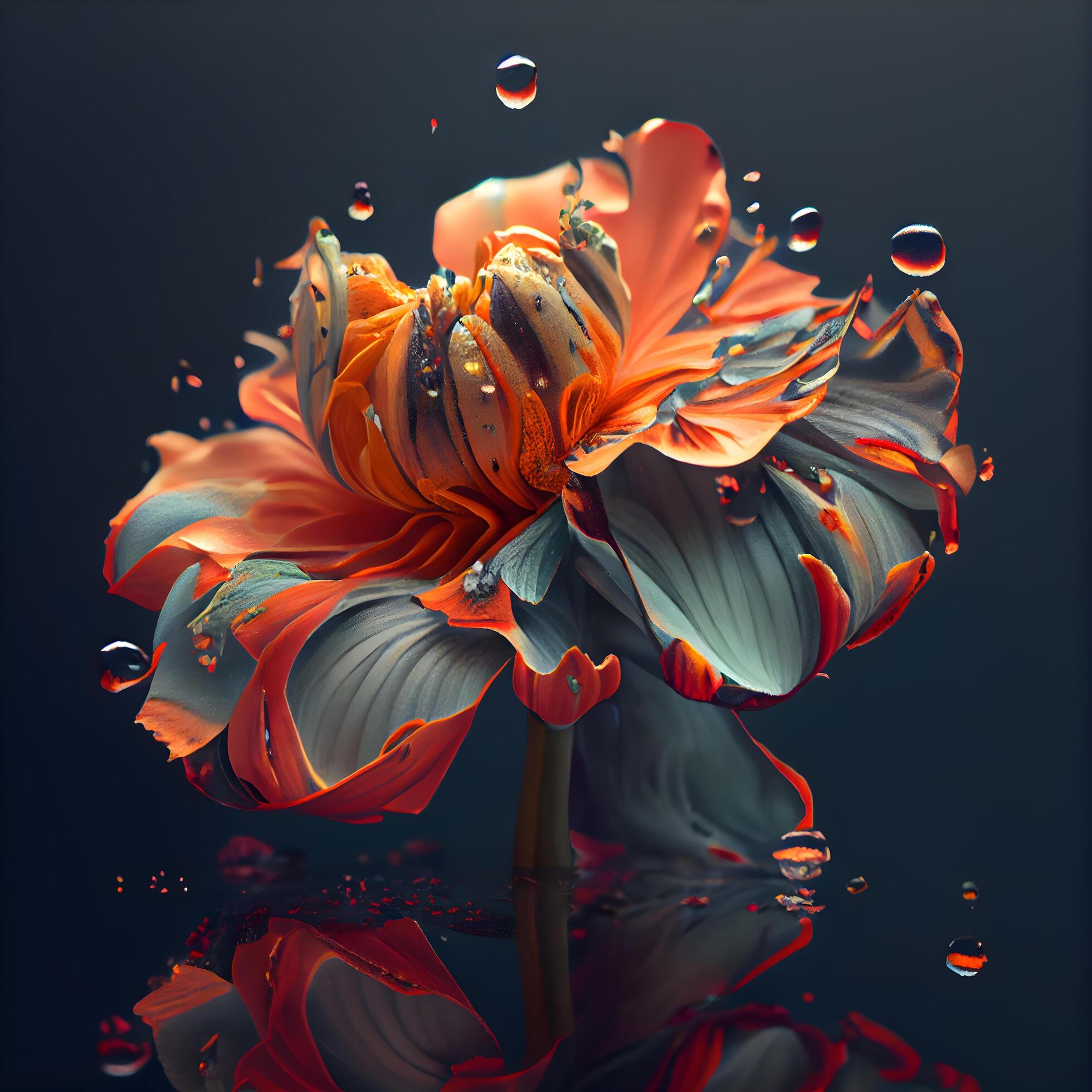 Beautiful flower with water drops on dark background. 3d render, Image Stock Free