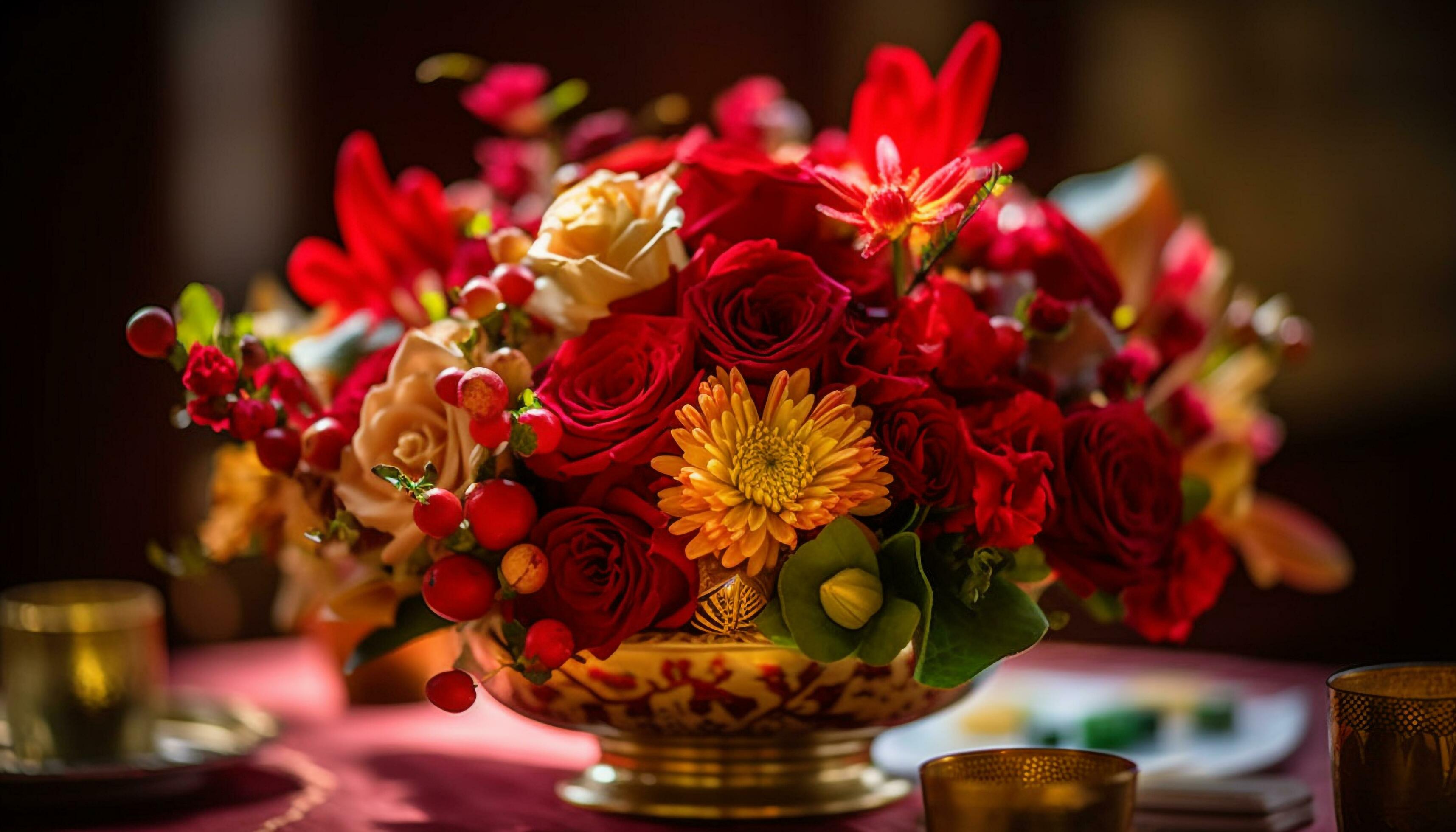 A luxurious bouquet of multi colored flowers adds elegance to celebration generated by AI Stock Free