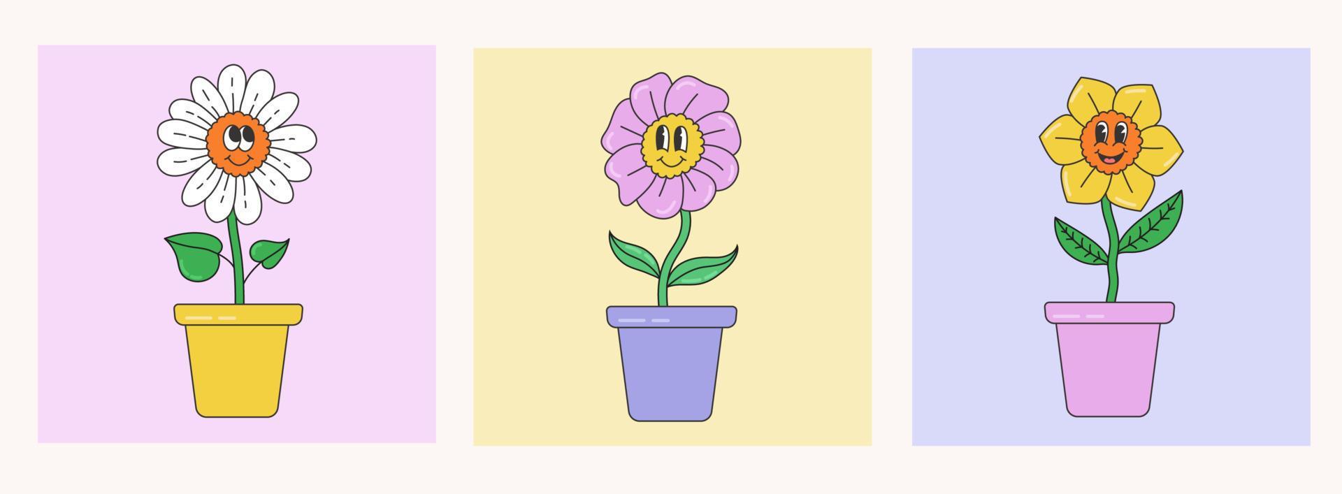 Abstract plants. Simple domestic Flowers in pots with faces. Floral design in retro cartoon style. Stock Free