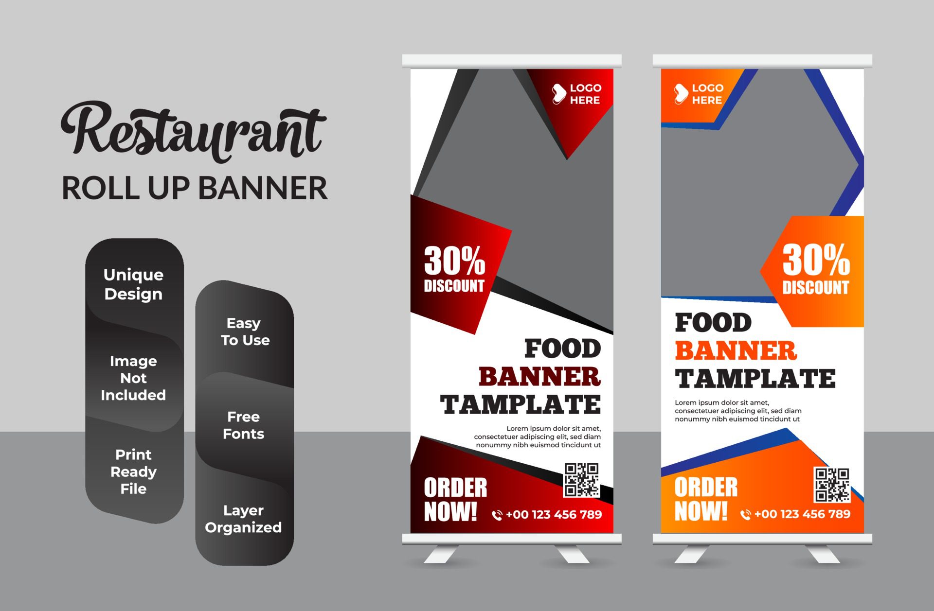 Food and Restaurant roll up banner design template set Free Vector