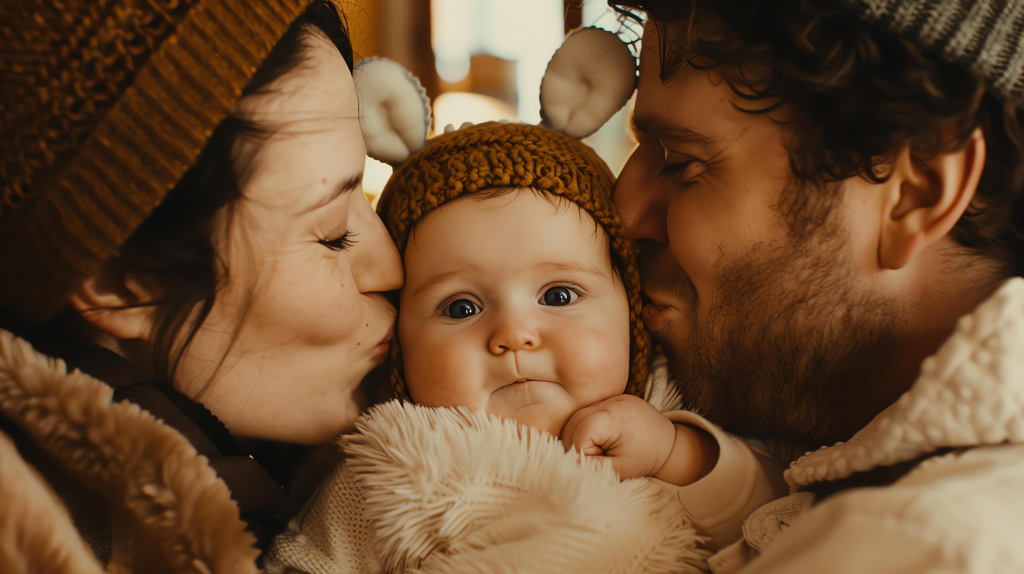 A loving couple shares a warm moment with their adorable baby, all bundled up in cozy winter clothing, creating a heartwarming family scene. Stock Free