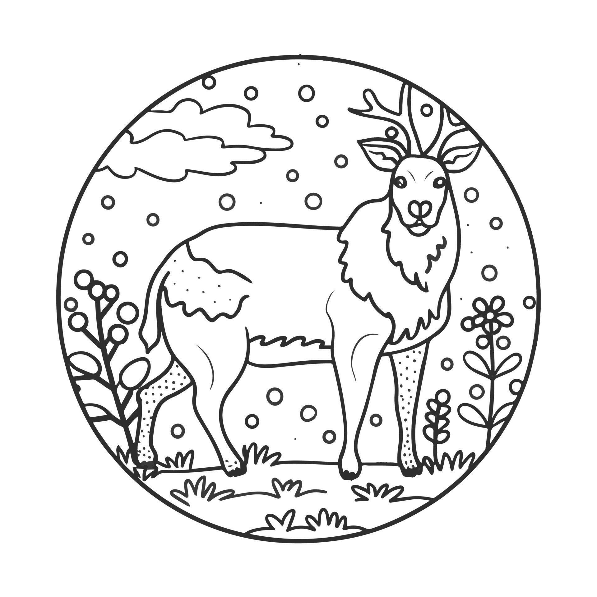 a deer in the snow with flowers and plants coloring page Stock Free