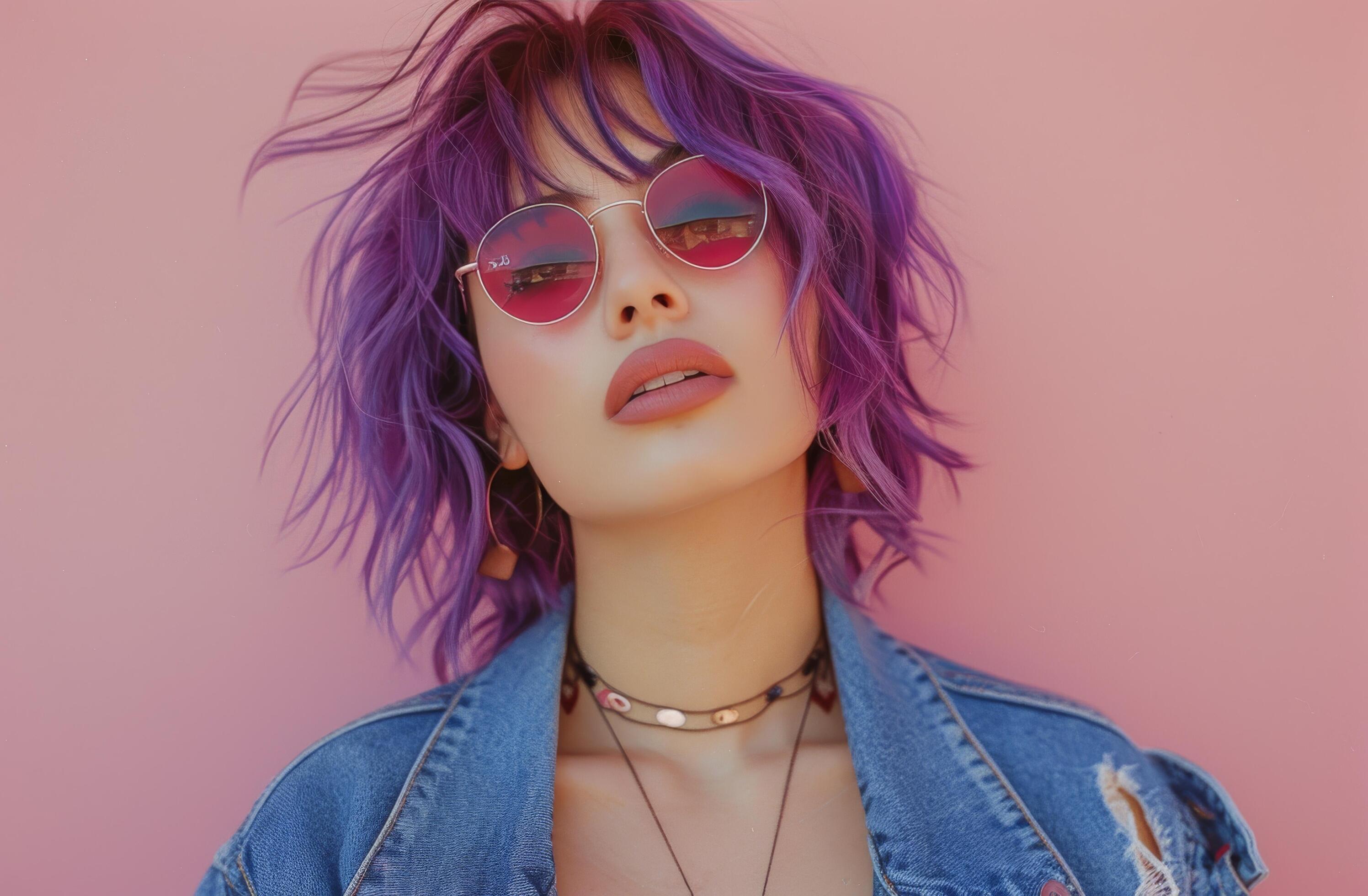 Young Woman With Purple Hair Wearing Sunglasses Against Pink Wall Stock Free